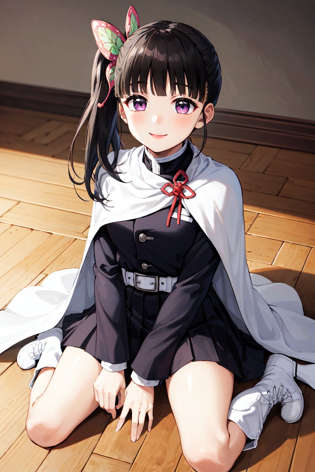 masterpiece, best quality, highres, aakanao, long hair, side ponytail, hair ornament, white cape, red ribbon, black jacket, long sleeves, belt, pleated skirt, black skirt, <lora:tsuyuri_kanao_v1:0.8>, wariza, smile, on floor, boots, white footwear, 