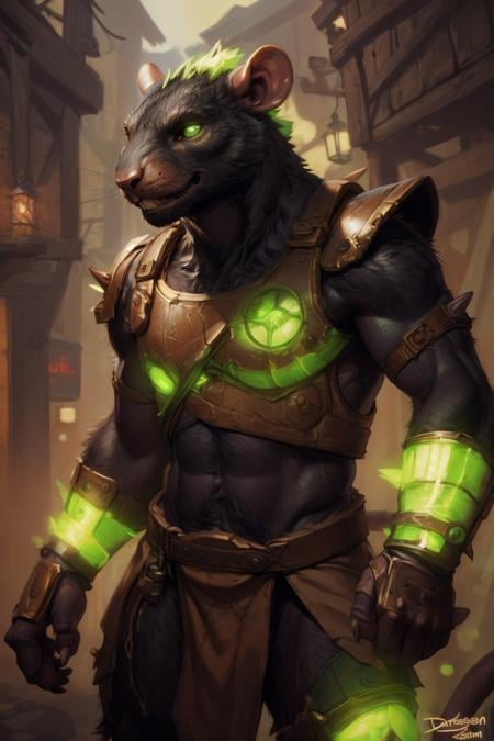 by personalami, by zephyxus, by darkgem, by null-ghost, male, solo, anthro, rat, rodent, skaven, facial scar, fluffy, safe, clothed, fully clothed, rat tail, hairy, glowing, radioactive, (green glow, armor), spikes, machine, warhammer fantasy, vermintide, front view, black body:1.3,