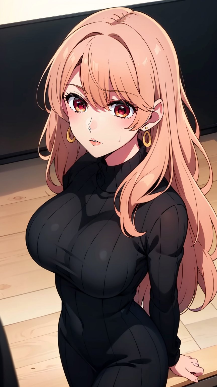 masterpiece, best quality, high resolution, highly detailed, HDR, intricate detail, ultra detailed,BREAK<lora:miyako saitou_moewaifu974:0.7>( long hair:1.3)_strawberry-blonde hair_(red eyes:1.3)_earrings,BREAK(from_above:1.3)_ (cowboy_shot:1.4)( standing_pose:1.5)_ looking_at_viewerBREAK(medium breast:1.2)BREAK(black color ribbed sweater long dress_sweater_turtleneck_long sleeve:1.4)