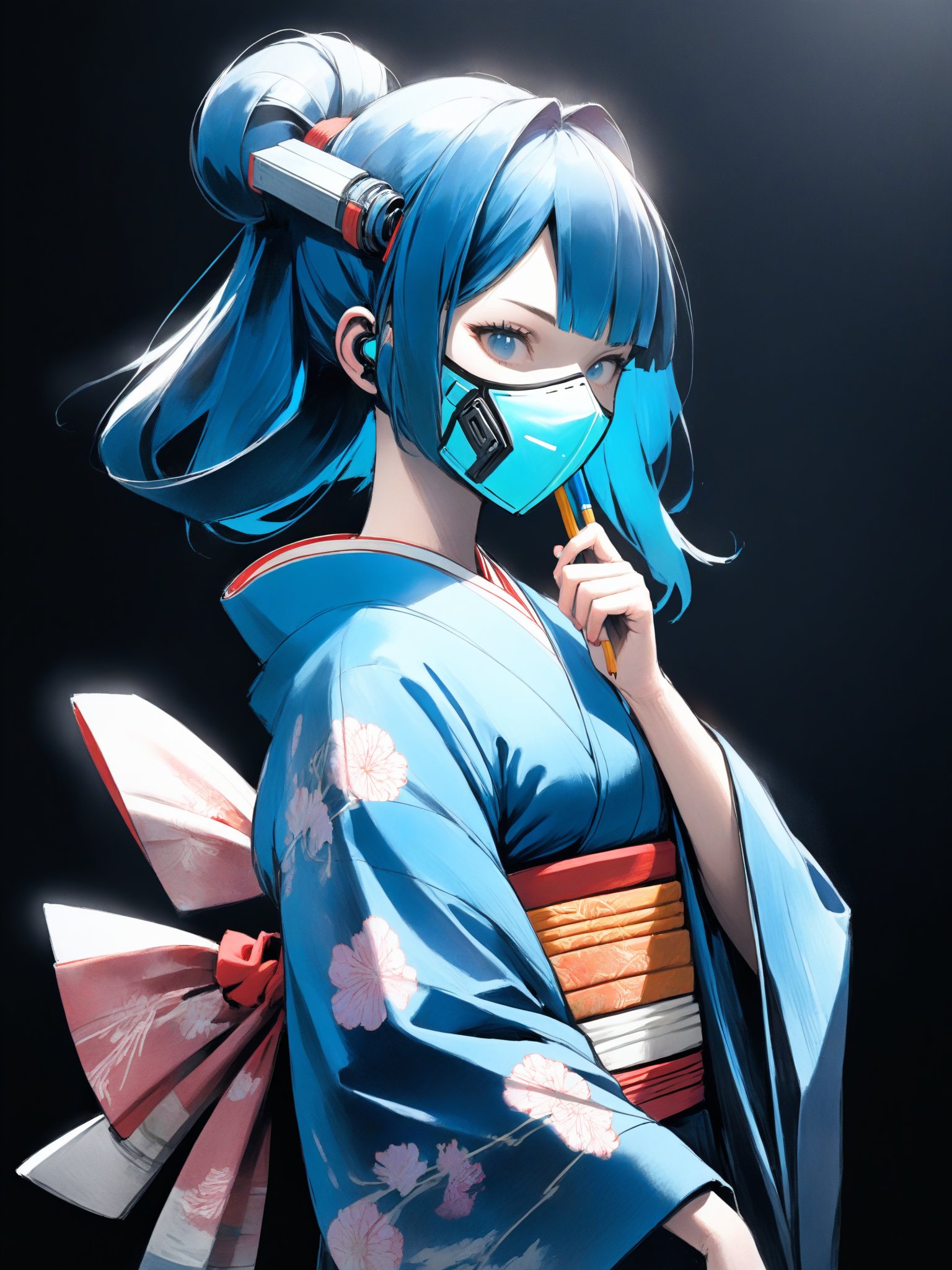 (pencil art:1.1), (clear  watercolor:0.8),( sketch:0.9), girl ,   posing,  , wide shot, soft lighting,  cyber mask, kimono, color lighting, dark background, selective color blue