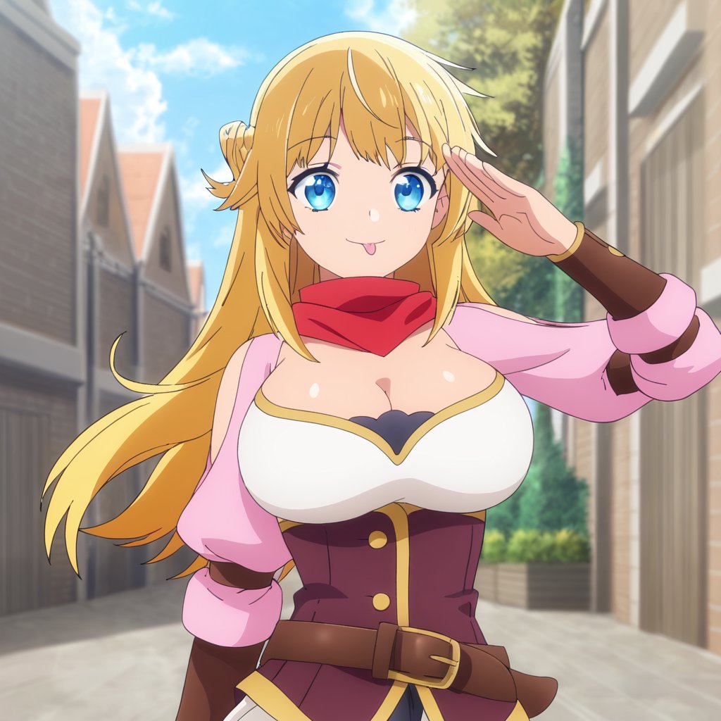 score_9, score_8_up, score_7_up, score_6_up, score_5_up, score_4_up, source_anime,ritto, single hair bun, 1girl, breasts, blue eyes, blonde hair, solo, tongue, long hair, tongue out, large breasts, salute, cleavage, sky, upper body, cloud, long sleeves, belt, clothing cutout, braid, smile, outdoors, brown belt, french braid, scarf, puffy sleeves, :q, pink shirt,masterpiece, perfect face, best quality, beautiful girl, cute girl, beautiful eyes, shiny eyes, anime coloring, anime screencap, absurdres, award winning, <lora:ritto s2 WAI 902:0.8>