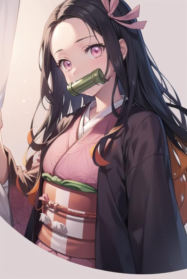 nezukokamado, <lora:nezukokamadotest:1>,nezuko kamado, bamboo, (bit gag:1.5), black hair, (forehead:1.5), gag, gagged, hair ribbon, long hair, multicolored hair, (pink eyes:1.5), orange hair, slit pupils, wavy hair, two-tone hair,BREAK asa no ha (pattern), checkered sash, haori, japanese clothes, kimono, long sleeves, obi, pink kimono, sash, wariza,  wide sleeves,BREAK looking at viewer,BREAK indoors,BREAK <lora:GoodHands-vanilla:1>, (masterpiece:1.2), best quality, high resolution, unity 8k wallpaper, (illustration:0.8), (beautiful detailed eyes:1.6), extremely detailed face, perfect lighting, extremely detailed CG, (perfect hands, perfect anatomy),