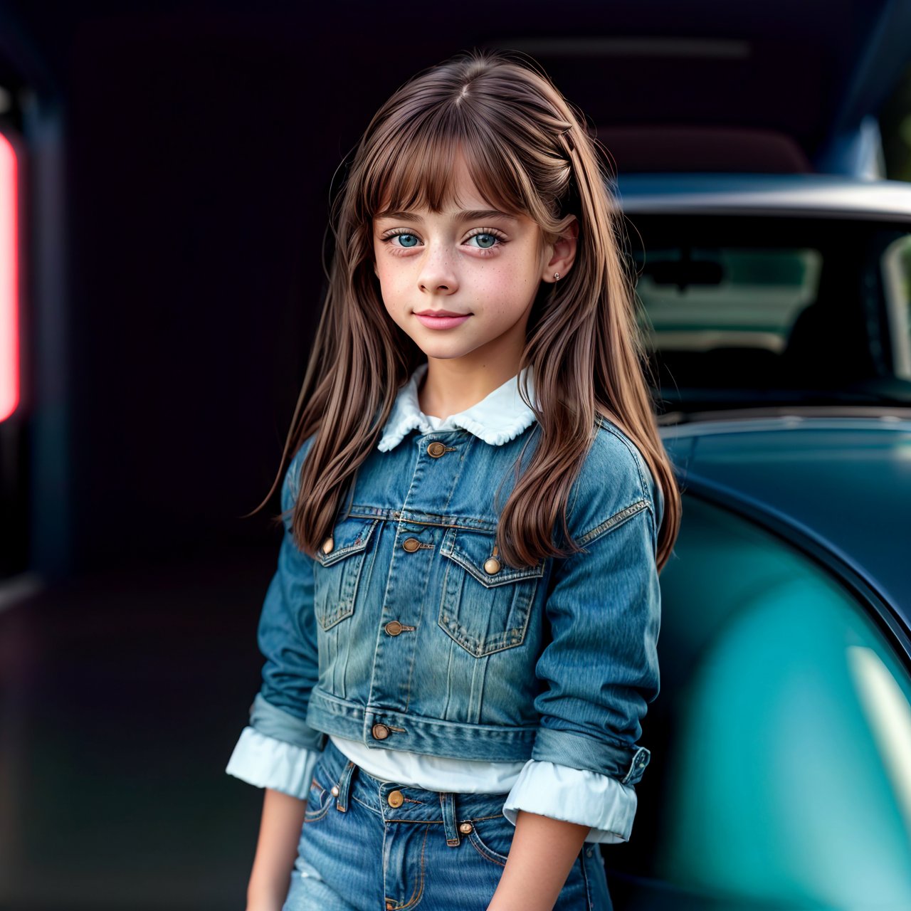 (masterpiece:1.3), HD quality, HD, HQ, 4K, distant short, full body portrait of adorable (AIDA_LoRA_RiWo:1.07) <lora:AIDA_LoRA_RiWo:0.96> as little girl wearing a denim jacket and denim skirt posing in front of the car, on the parking, pretty face, naughty, funny, happy, playful, intimate, dramatic, hyper realistic, studio photo, studio photo, kkw-ph1, hdr, f1.6, (colorful:1.1)
