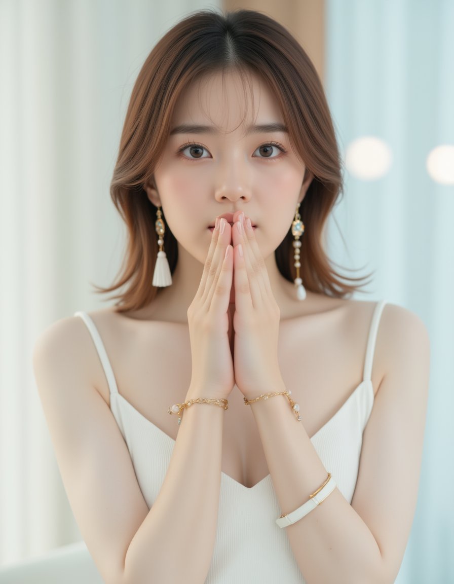 best quality, masterpiece, raw photo of a female in white dress, close up face, brown hair, fashion accessories, looking at viewer, indoor, day time, professional photo, high contrast exposure, soft bokeh, high key light, hard shadow, soft bokeh, simple background, white background, lips sneeze to viewer, hands out,