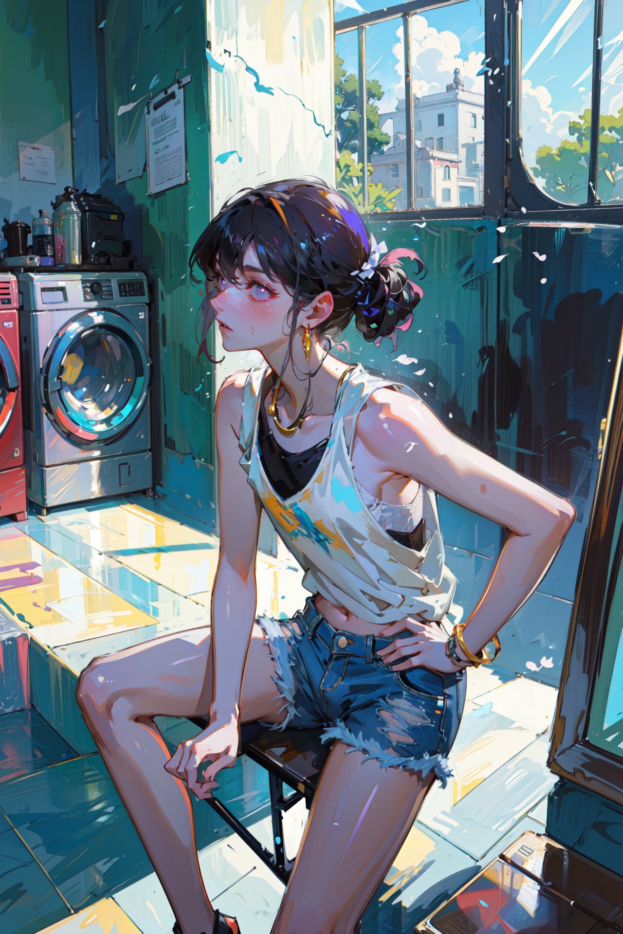 ((best quality, masterpiece, absurbres, super-resolution)), summer, bright sunlight, hot, sweating, loose singlet, white sleeveless, mini shorts, denim shorts, laundromat, (rural, small town), crickets \(insect\), wooden bench, 