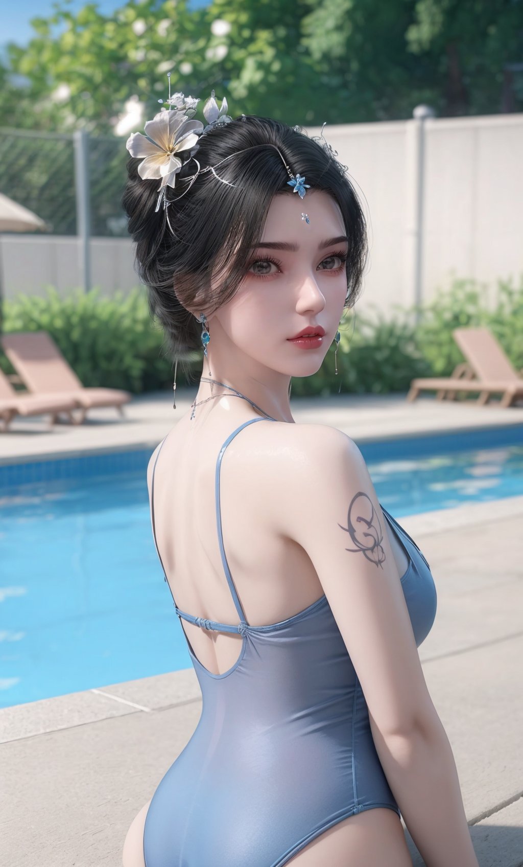 ,,masterpiece,(best quality),official art,extremely detailed cg 8k wallpaper,(extremely delicate and beautiful),solo,realistic,photo_\(medium\),upper body,facial tattoo,(Pool Party: One-piece swimsuit, cover-up, and flip-flops.),adfxx,1girl,solo,earrings,flower,facial mark,hair bun,hair flower,black hair,hair ornament,realistic,<lora:40muwan-10:0.7>,adfxx,