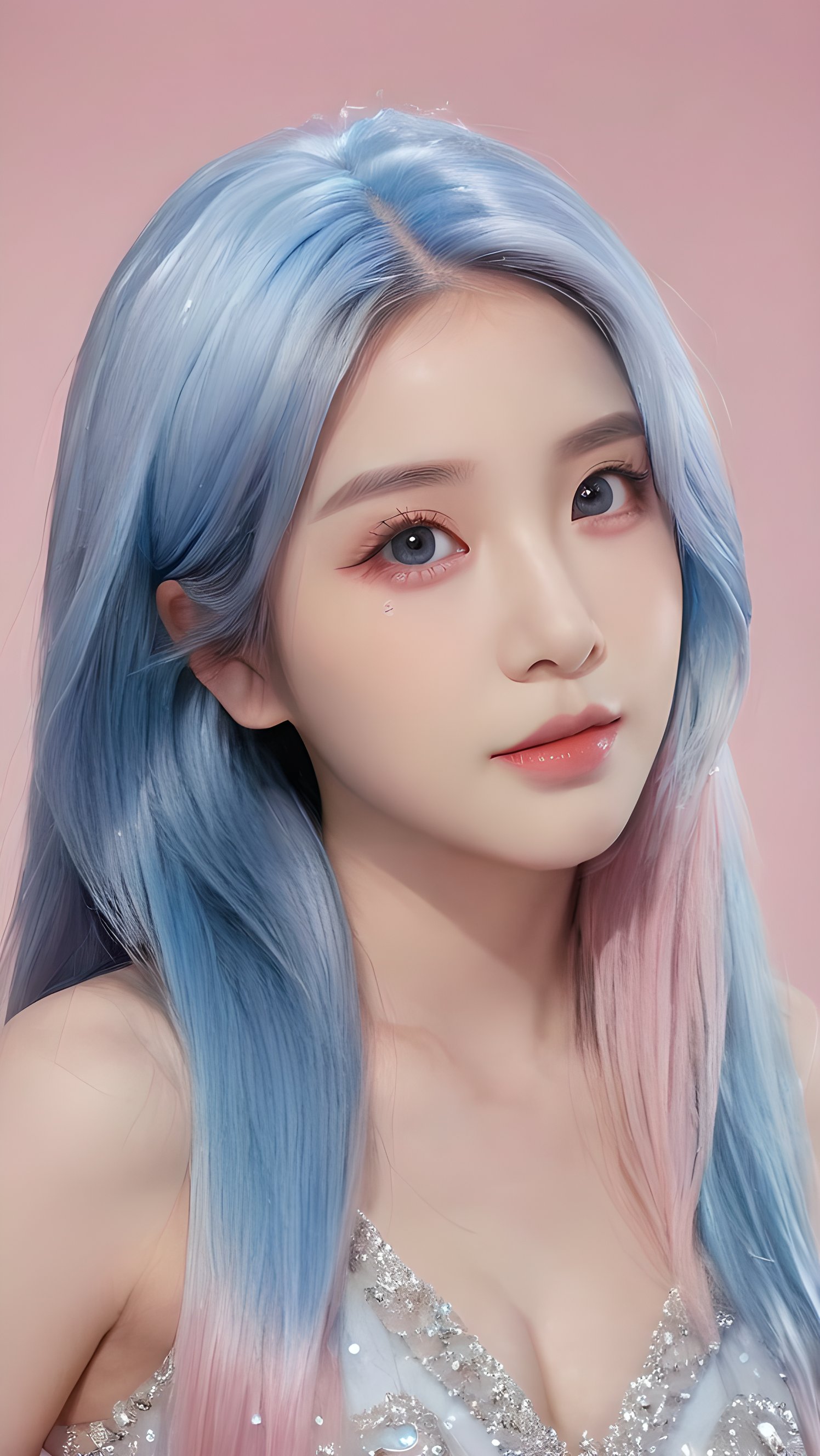 yanshangyue, 1girl, solo, xiaowu, BIG EYES, xxmix girl woman, <(masterpiece, realistic:1.3), (extremely intricate:1.2)>, portrait of a girl, sliver gradient hair, (sliver hair:1.1), (light blue hair:1.1), (pink hair:1.2), ((solid color background:1.3)), beautiful detailed glow, (detailed ice), beautiful detailed water,  <lora:molixl3:0.6>