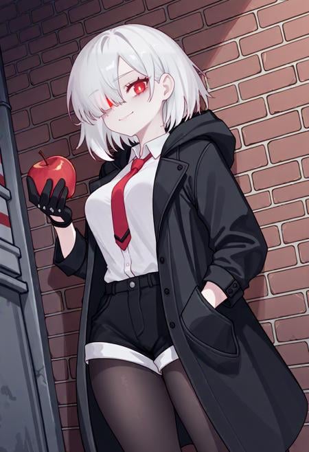 score_9, score_8_up, score_7_up, score_6_up, source_anime, BREAK, dutch angle, feet out of frame, night, alley, 1girl, white hair, medium hair, hair over one eye, red eyes, white pupils, (bags under eyes:0.8), black coat, hooded coat, long sleeves, collared shirt, white shirt, red necktie, medium breasts, short shorts, black shorts, black pantyhose, half gloves, standing, leaning back, against wall, holding fruit, apple, hand in pocket, looking at viewer, glowing eyes, light smile, closed mouth, <lora:Eonsang_PDXL-v2-10:1>