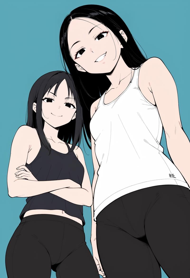 <lora:FlatColor:1.3> , flat color, 2girls, pale skin, black hair, yoga pants, tank top, small breasts, looking at viewer, from below, smirk, eyes half closed,, (school background), 