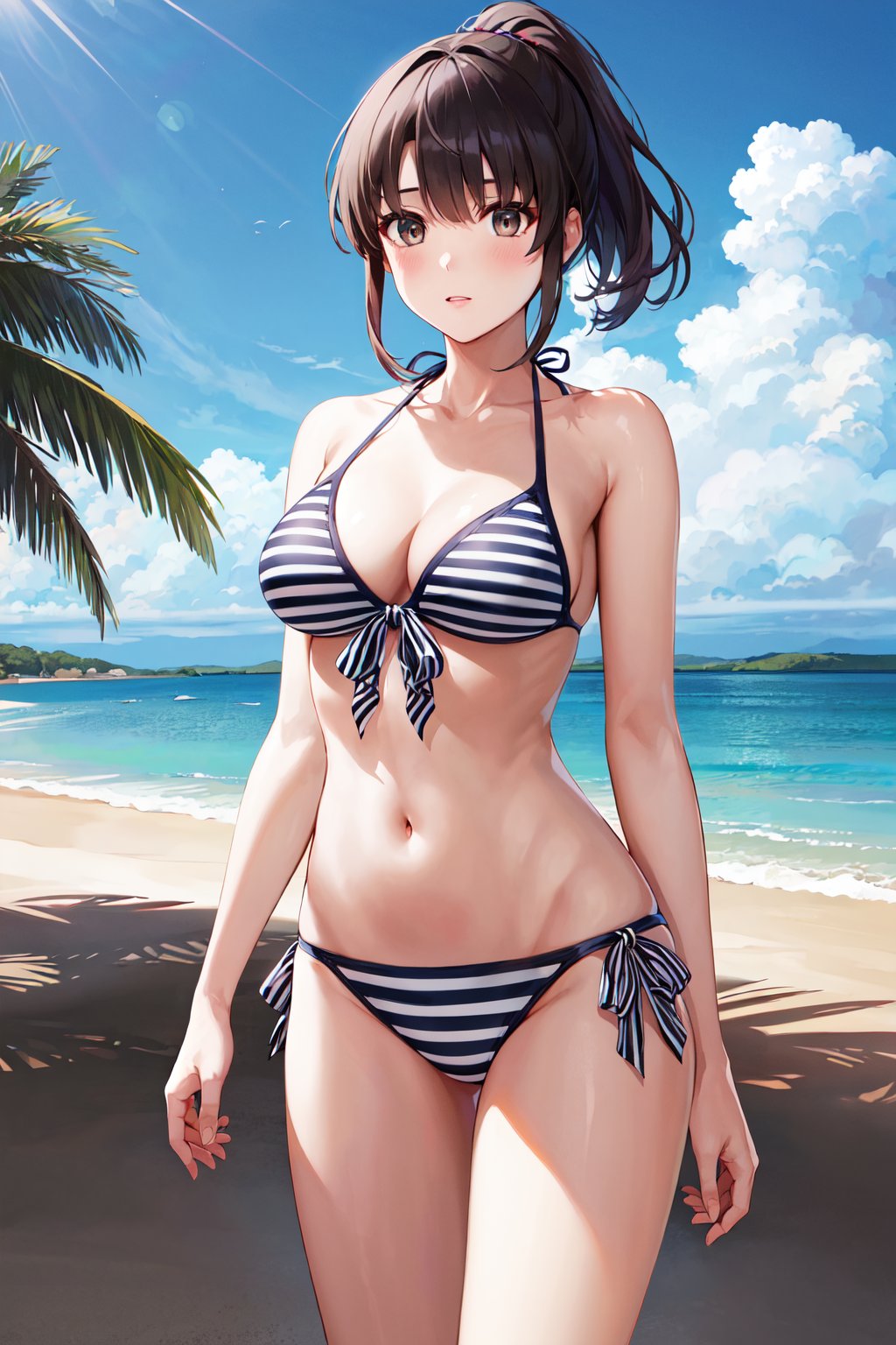 masterpiece, best quality, highres, ccmegumi, short hair, ponytail, collarbone, cleavage, striped bikini, front-tie top, side-tie bikini bottom, <lora:katou_megumi_v2:0.7>, standing, cowboy shot, beach