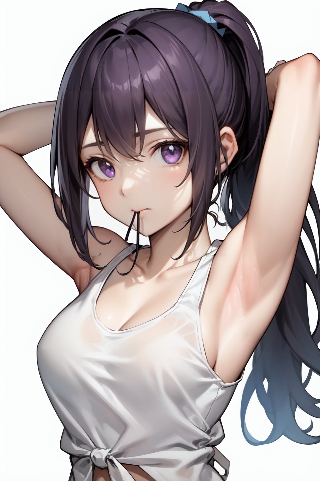 1girl, , armpits, arms up, bare arms, bare shoulders, breasts, closed mouth, collarbone, hair tie, hair tie in mouth, long hair, looking at viewer, medium breasts, mouth hold, notice lines, ponytail, purple eyes, simple background, solo, tank top, tying hair, upper body, white background, white tank top, 