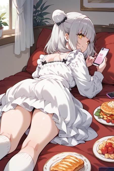 score_9, score_8_up, score_7_up, score_6_up, 1girl, <lora:Elsie:0.9> elsie, bangs, hair bun, on stomach, lying, white socks, solo, phone, socks, dress, indoors, food, cellphone, grey hair, smile, holding