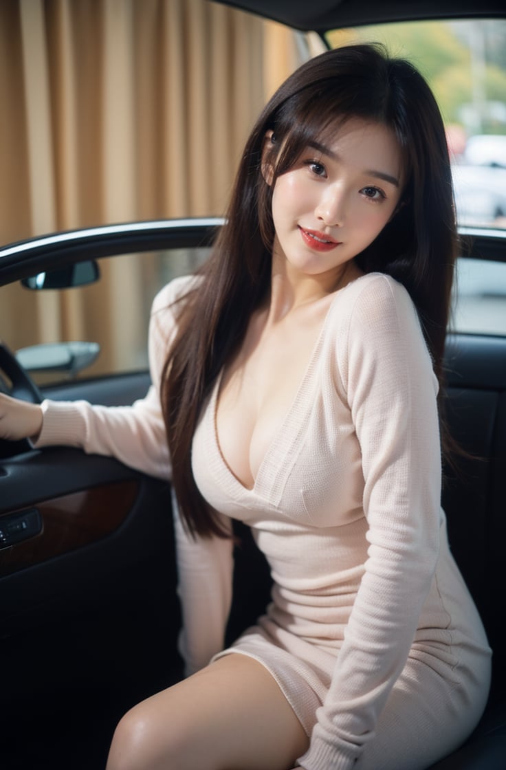 1girl, breasts, solo, large breasts, cleavage, brown hair, looking at viewer, sitting, long hair, car, brown eyes, parted lips, red lips, lips, korean text, dress, motor vehicle, makeup, ground vehicle, lipstick, smile, photo background, chinese text, mature female, long sleeves,  <lora:亚洲车模小姐姐:0.8>