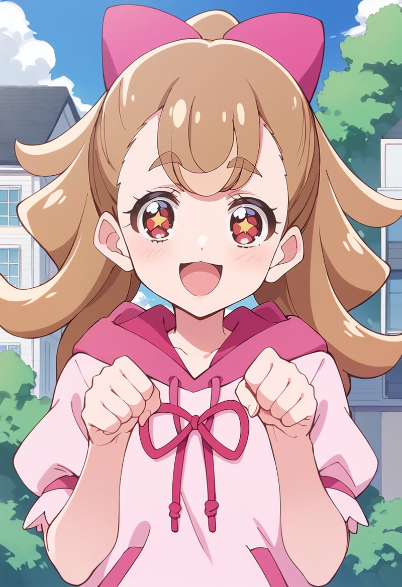 score_9, score_8_up, score_7_up, source_anime, BREAKinukai komugi, 1girl, solo, open mouth, smile, :3, looking at viewer, eyebrows visible through hair, red eyes, brown hair, :d, long hair, outdoors, + +, blush, light brown hair, day, cloud, bangs, clenched hands, hair bow, hands up, upper body, blue sky, anime coloring, shiny hair, sparkling eyes, building, blurry background, eyelashes, tree, pink dress, close-up, hairband, hood down, ponytail, tongue, happy, blonde hair, pink headwear, pink hoodie, brown eyes, cloudy sky, star-shaped pupils, dot nose, window, portrait, puffy short sleeves, house, face, retro artstyle, symbol in eye, bush, paw pose, pink bow, excited, white hoodie, thick eyebrows, straight-on, drawstring, pink sweater, depth of field, star in eye<lora:cure_wonderful_inukai_komugi_sdxl_locon_pony_v1:0.7>