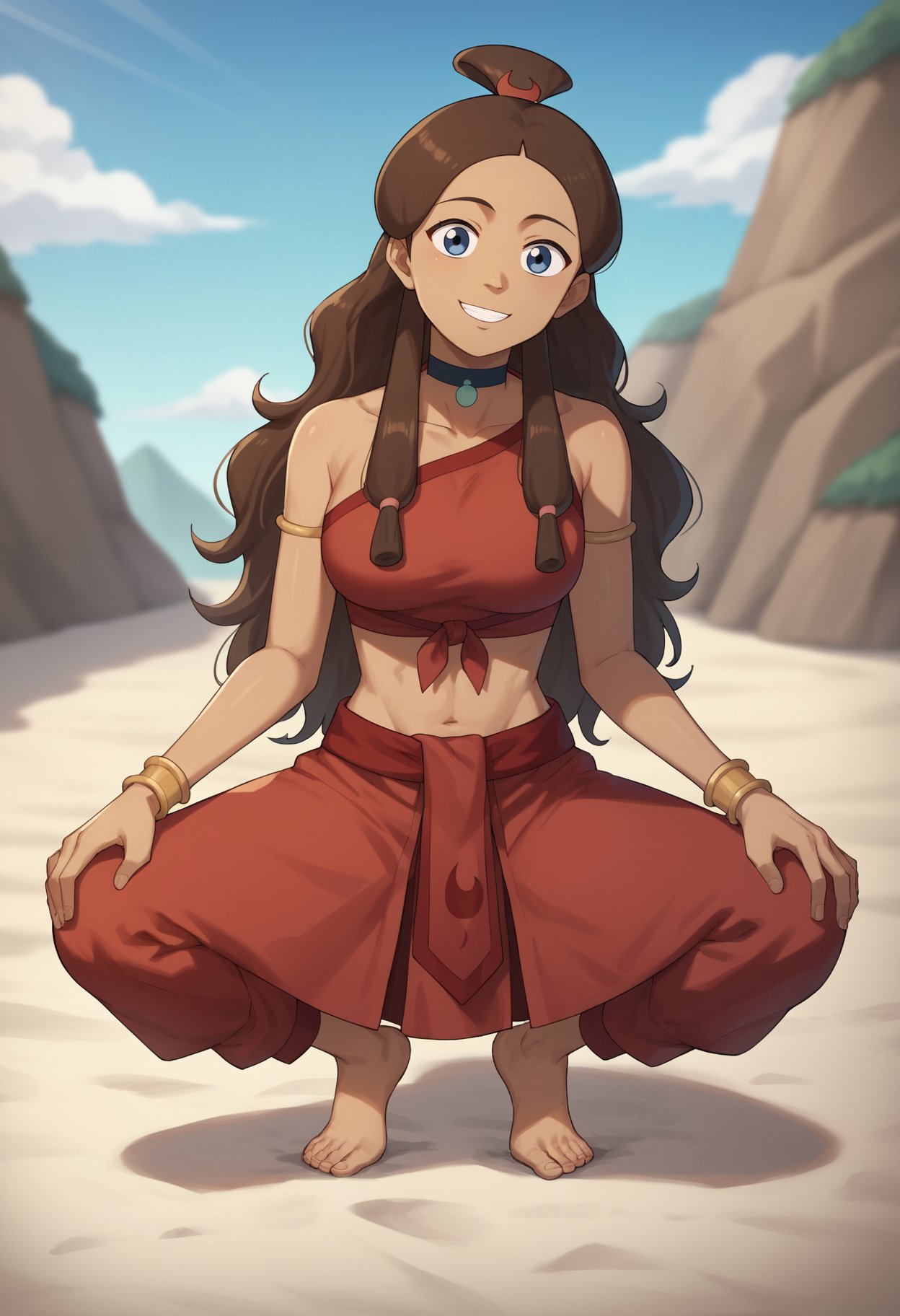 score_9, score_8_up, score_7_up, score_6_up, score_5_up, score_4_up, BREAK, source_anime,1girl, fnkatara, brown hair, long hair, topknot, blue eyes, armlet, bare shoulders, choker, dark skin, red crop top, red skirt, barefoot, red pants,squatting, smile, looking at viewer, outdoors, dune, sand <lora:KataraXL:1>