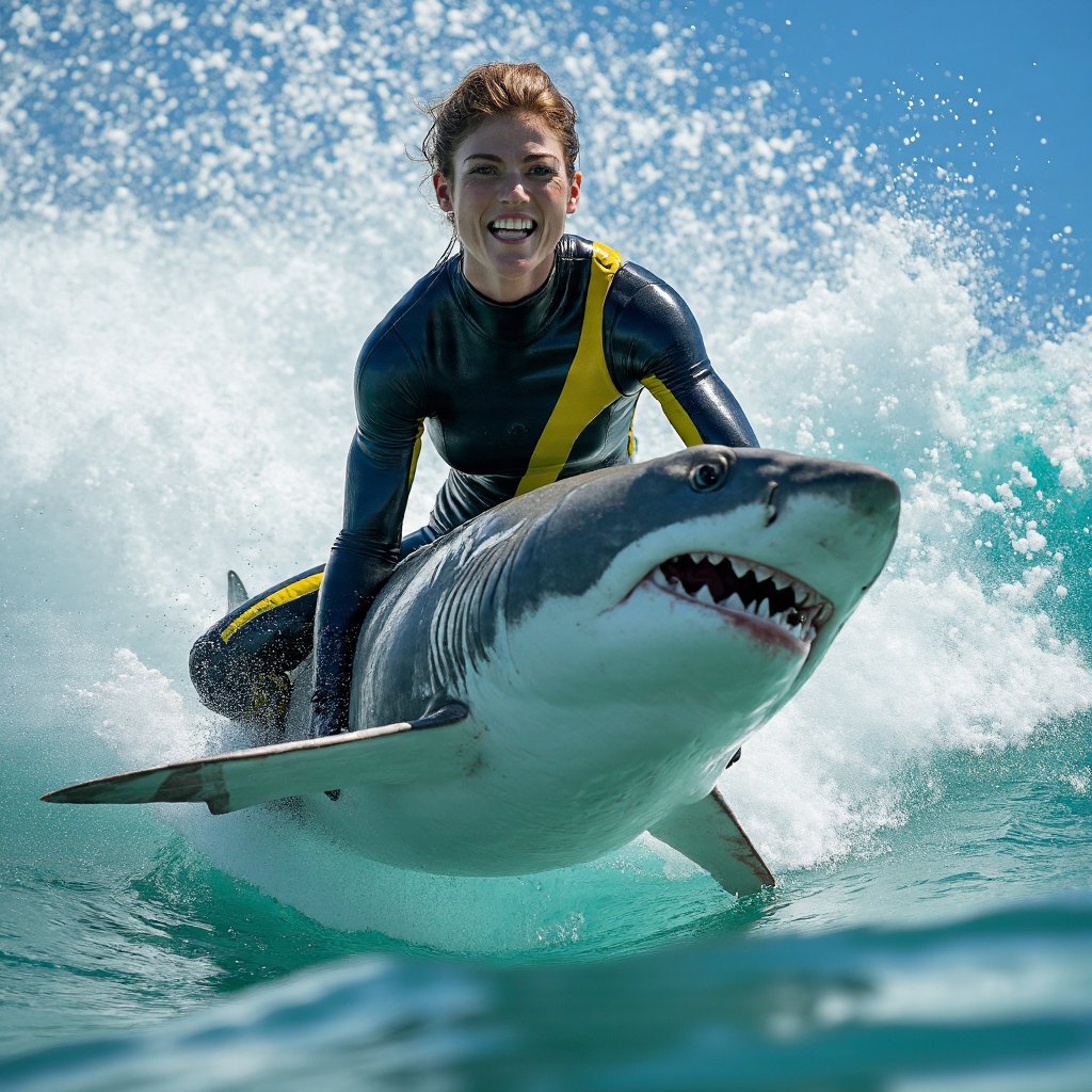 A dynamic close-up action shot of rose_leslie sitting on a giant white shark. She is wearing a black and yellow wetsuit, is captured mid-ride on a white shark. Her right arm is extended forward, and her left arm is bent at the elbow.The wave behind her is a brilliant turquoise, with white foam splashing around it. The clear blue sky indicates a sunny day.