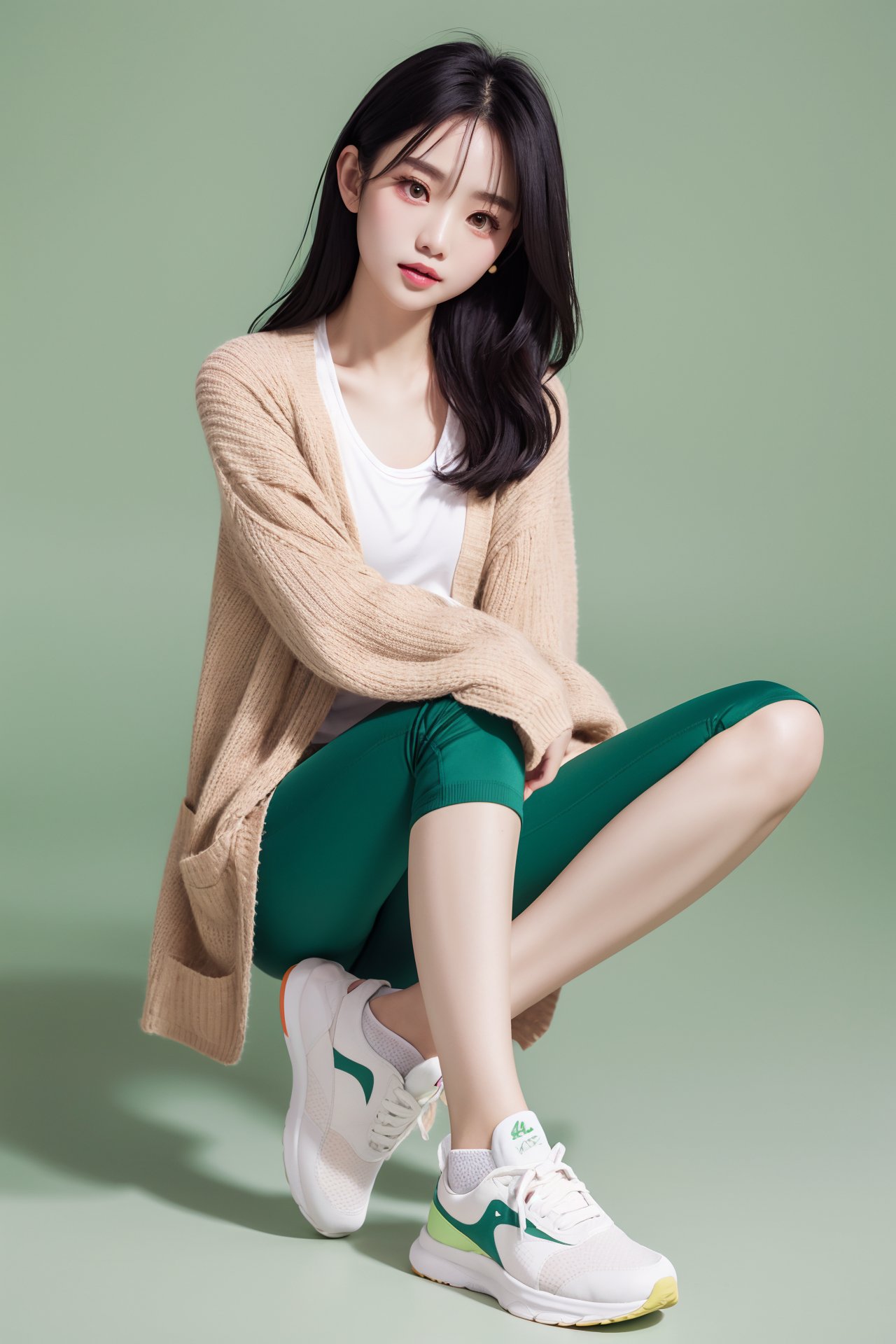 Asian female relax,Thin cardigan sweater,Capris,sports shoes,OOTD,Outfit of the Day,full_body,solo,simple_background,light green background,long legs,sitting,