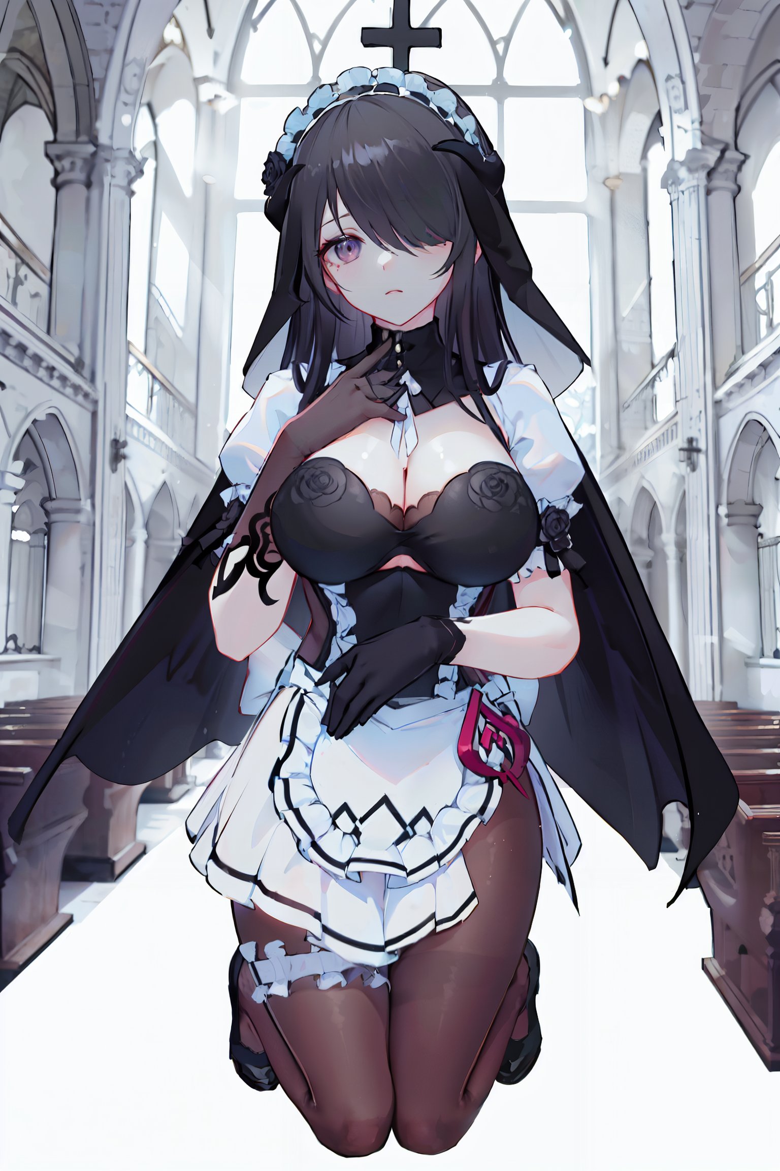 (8k, best quality, masterpiece),(ultra-detailed:1.1),(high detailed skin),[qty: :1],full body,[main: :1],1girl,black hair,long hair,curtains,bodystocking,(Black silk veil:1.2),black lace elbow gloves,[emo: :1],[ver: :1],put hands on chest,[bac: :1],(church:1.2),[key: :1],(white breast curtains:1.2),bodystocking,<lora:aqw-v100-000028:0.8:lbw=OUTALL>,aqw,rita rossweisse,1girl,gloves,maid headdress,hair over one eye,maid,black gloves,breasts,short,\\\\\\\\\\\\\\\\\\\\\\,<lora:contmelowh-v100-000018:0.3>,melowh,Art style,clean and crisp picture,(beautiful_face),((intricate_detail)),(revealing clothes:1.2),((finely_detailed)),fine_fabric_emphasis,((glossy)),