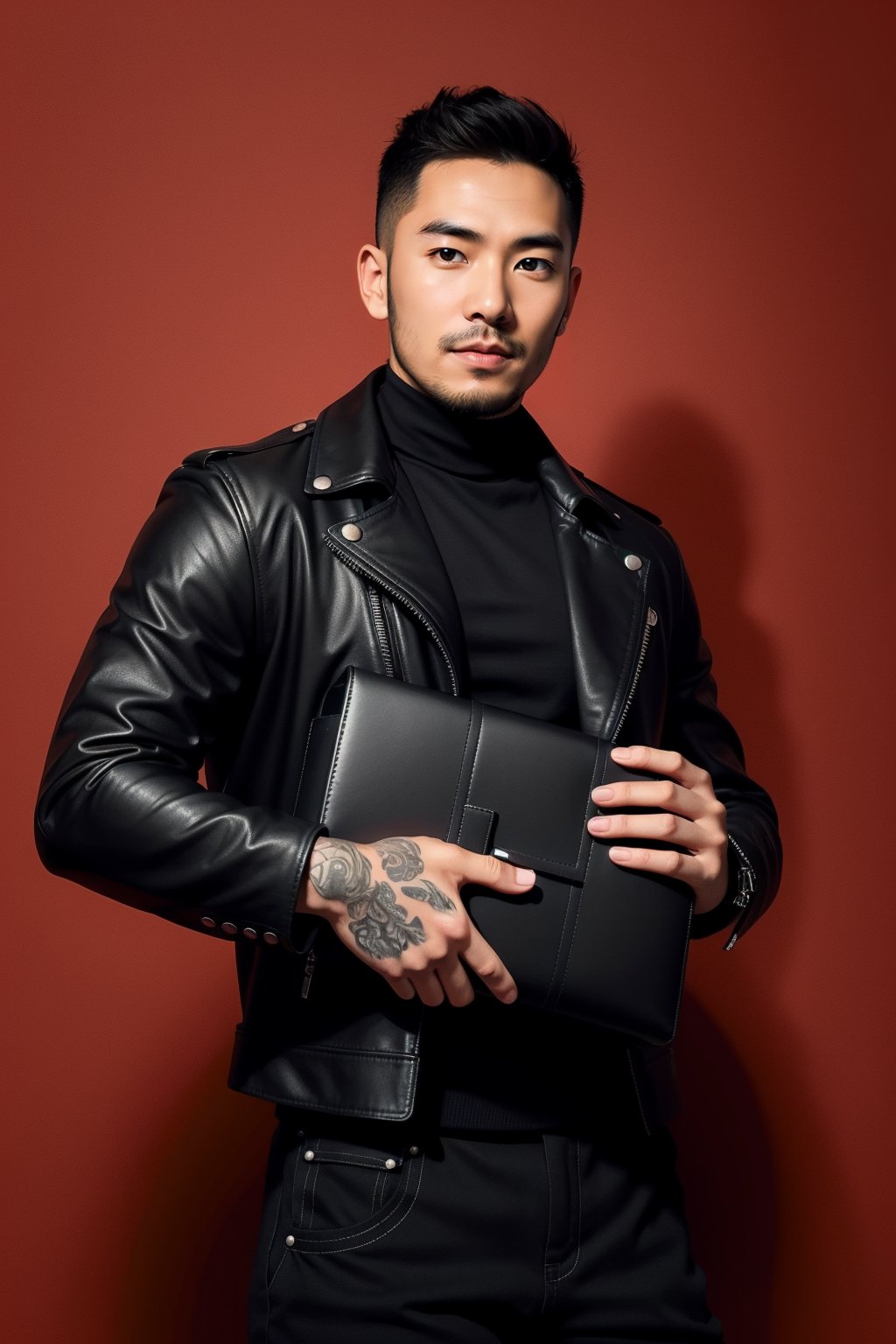 LianmoNan,facial hair,1Asian man in his late twenties reclines with confidence against a deep red backdrop. His black attire and leather jacket exude a bad-boy aura,complemented by his slicked-back hair and an array of tattoos. A mysterious briefcase add to his enigmatic presence,<lora:man_face_04_v1.0:1>,, masterpiece,best quality,