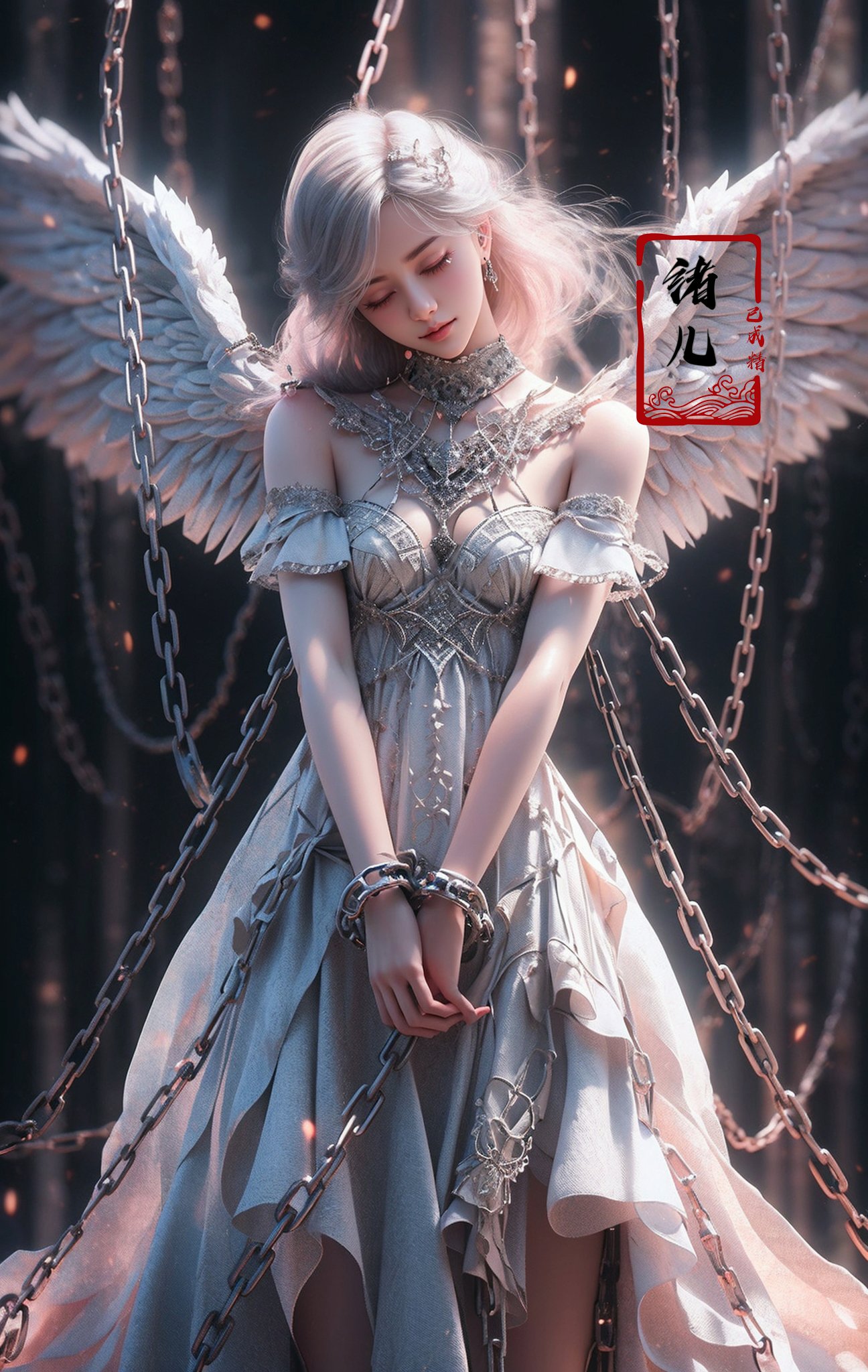 Epic CG masterpiece, a woman dressed in an angelic outfit in chains, delicate face, hdr,dtm, full ha,8K, ultra detailed graphic tension, dynamic poses, stunning colors, 3D rendering, surrealism, cinematic lighting effects, realism, 00 renderer, super realistic, full - body photos, super vista, super wide Angle, rich details, highest quality, extremely exquisite,Black background，1girl, chain, wings, solo, dress, blindfold, white dress, jewelry, veil, choker, ring, own hands together, angel wings, feathered wings, covered eyes, halo， <lora:绪儿-锁链天使 Angel:0.8>