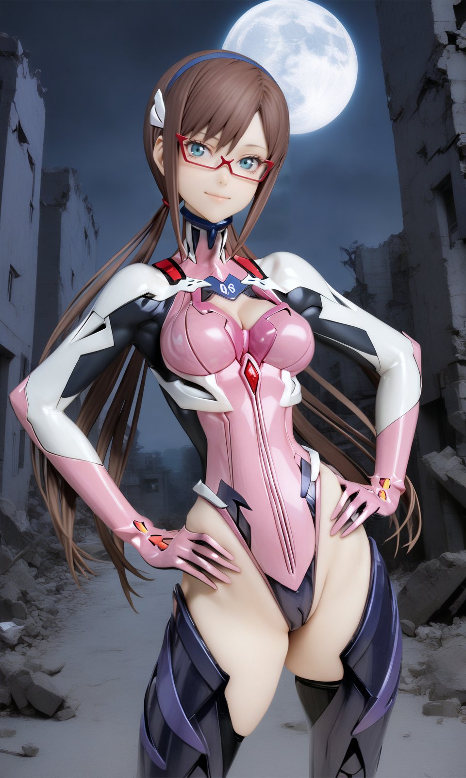 1girl, marishin, blue eyes, brown hair, medium breasts, cleavage, linea alba, hip bones, wide hips, (plugsuit:1.1), looking at viewer, light smile, upper body, straight-on, arms at sides, outdoors, ruins, night, moon, masterpiece, best quality, very aesthetic, absurdres, nyatabe, mogudan, <lora:MariShinFlare_XL:1><lora:Nyatabe_XL:1> 