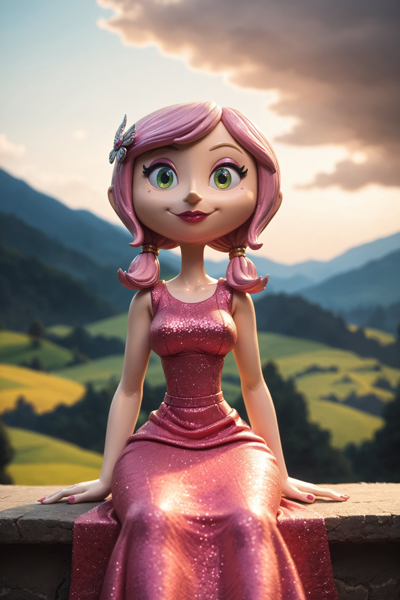 score_9, score_8_up, score_7_up, score_6_up, score_5_up, score_4_up, BREAK 3d, stop motion, ,c0raline_style, beautiful, princess, cinematic shot,green eyes, hyperdetailed upper body, low twintails, cinematic, beautiful, sitting, nail polish, shiny, smile, blonde hair, shiny, jewelry, hair between eyes, single doughut hair bun, light smile, hair ornament, yellow and pink theme,nail polish, lipstick, candy kingdom, candyland, (mature female), pink hair, cloud dress, cloud, striped, long sidelocks, 1girl, avatar icon, (stylish), game character concept, jrpg, 800mm lens, sharp focus, bow, depth of field, volumetric lighting, more detail XL,glitter,sweetscape<lora:EMS-259599-EMS:0.200000>, <lora:EMS-362094-EMS:0.600000>, <lora:EMS-169703-EMS:0.500000>, <lora:EMS-61413-EMS:0.300000>