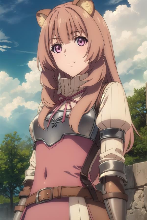 raphtalia, <lora:raphtalia s3-lora-nochekaiser:1>,raphtalia, long hair, bangs, brown hair, animal ears, raccoon ears, raccoon tail, raccoon girl, (pink eyes:1.3), smileBREAK long sleeves, sweater, ribbed sweater, puffy sleeves, breastplate, ribbon, red ribbon, gauntlets, glove, brown gloves, belt, skirt, armor,BREAK outdoors, forest, nature, sun, sky, trees, clouds, grass,BREAK looking at viewer, (cowboy shot:1.5),BREAK <lyco:GoodHands-beta2:1>, (masterpiece:1.2), best quality, high resolution, unity 8k wallpaper, (illustration:0.8), (beautiful detailed eyes:1.6), extremely detailed face, perfect lighting, extremely detailed CG, (perfect hands, perfect anatomy),