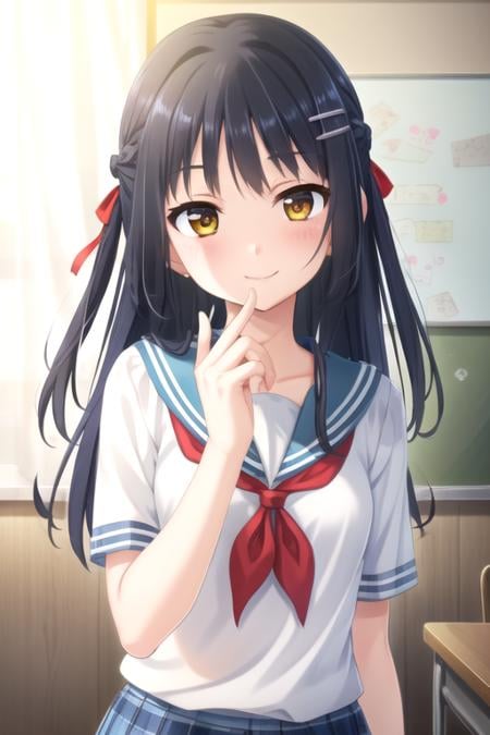 ((masterpiece)),(best quality),official art,extremely detailed CG,unity 8k wallpaper,ultra detailed,beautiful detailed eyes,extremely detailed face,classroom,1girl,solo,upper body,(portrait:1.5),looking at viewer,facing viewer,(petite:1.3),smile,Seguchi Asahi,long hair,black hair,braid,hair intakes,hair ribbon,hair ornament,hairclip,sidelocks,bangs,yellow eyes,serafuku,white shirt,blue sailor collar,plaid sailor collar,red neckerchief,short sleeves,blue cuffs,medium breasts,miniskirt,plaid skirt,white socks,black footwear,<lora:Seguchi Asahi(okjmd):0.8>,