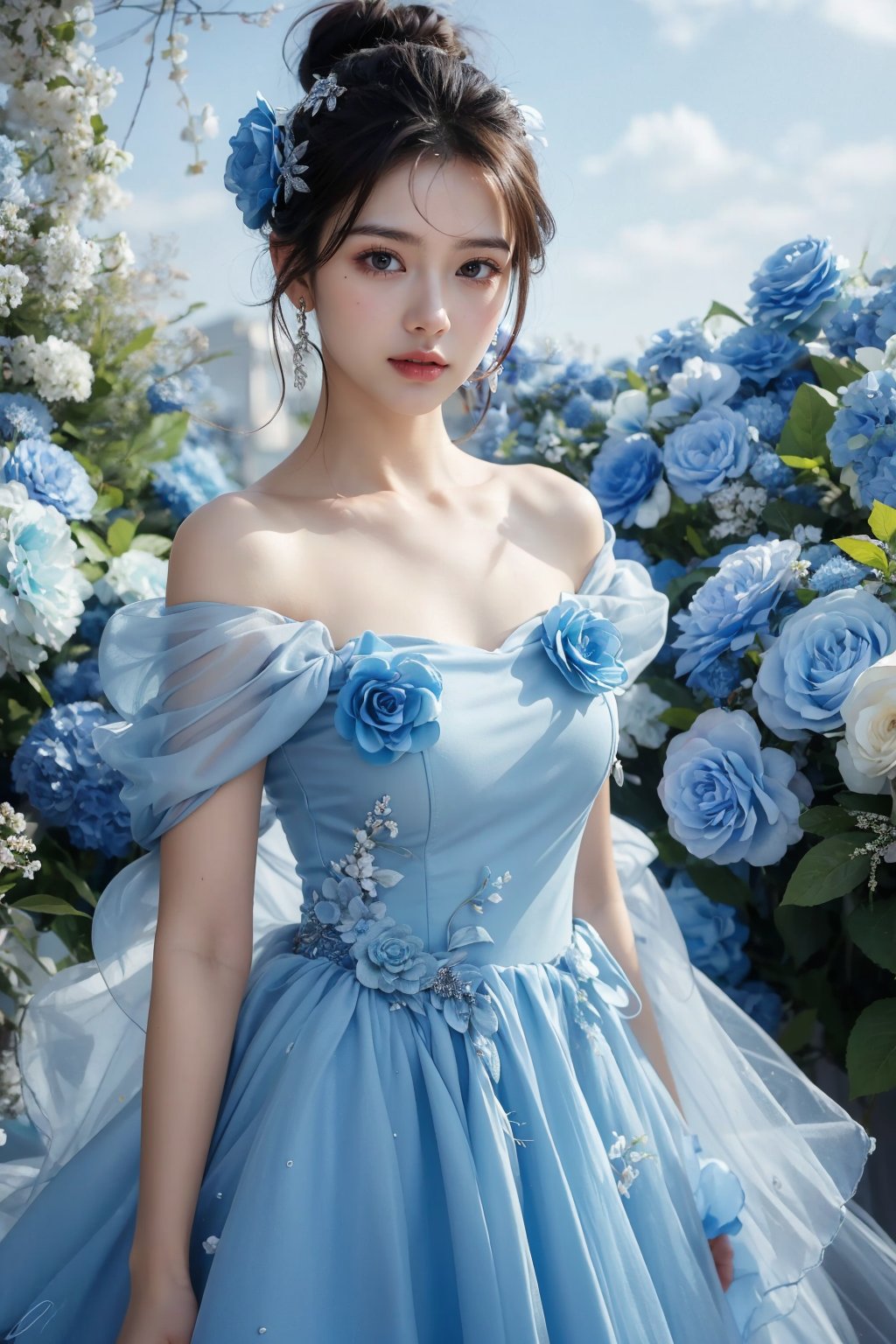 photorealistic,realistic,photography,masterpiece,best quality,ultra-detailed,extremely detailed CG unity 8k wallpaper,(reality: 1.4),1girl,solo, standing,black hair,long hair,hair ornament,looking at viewer,solo,looking at viewer,brown hair,black hair,hair ornament,bare shoulders,jewelry,collarbone,earrings,hair flower,hair bun,any blue flower garden in a studio,blue flower dress, <lora:JAY - BLUE FLOWER DRESS:0.8>, (best quality:1.3)