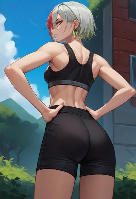 score_9, score_8_up, score_7_up, source_anime, from behind, solo, 1girl, diabellestarr, expressionless, looking back, hands on hips, black sports bra, black shorts, earrings, ass, outdoors <lora:yugioh_diabellestarr_ponyXL-CAME:1>