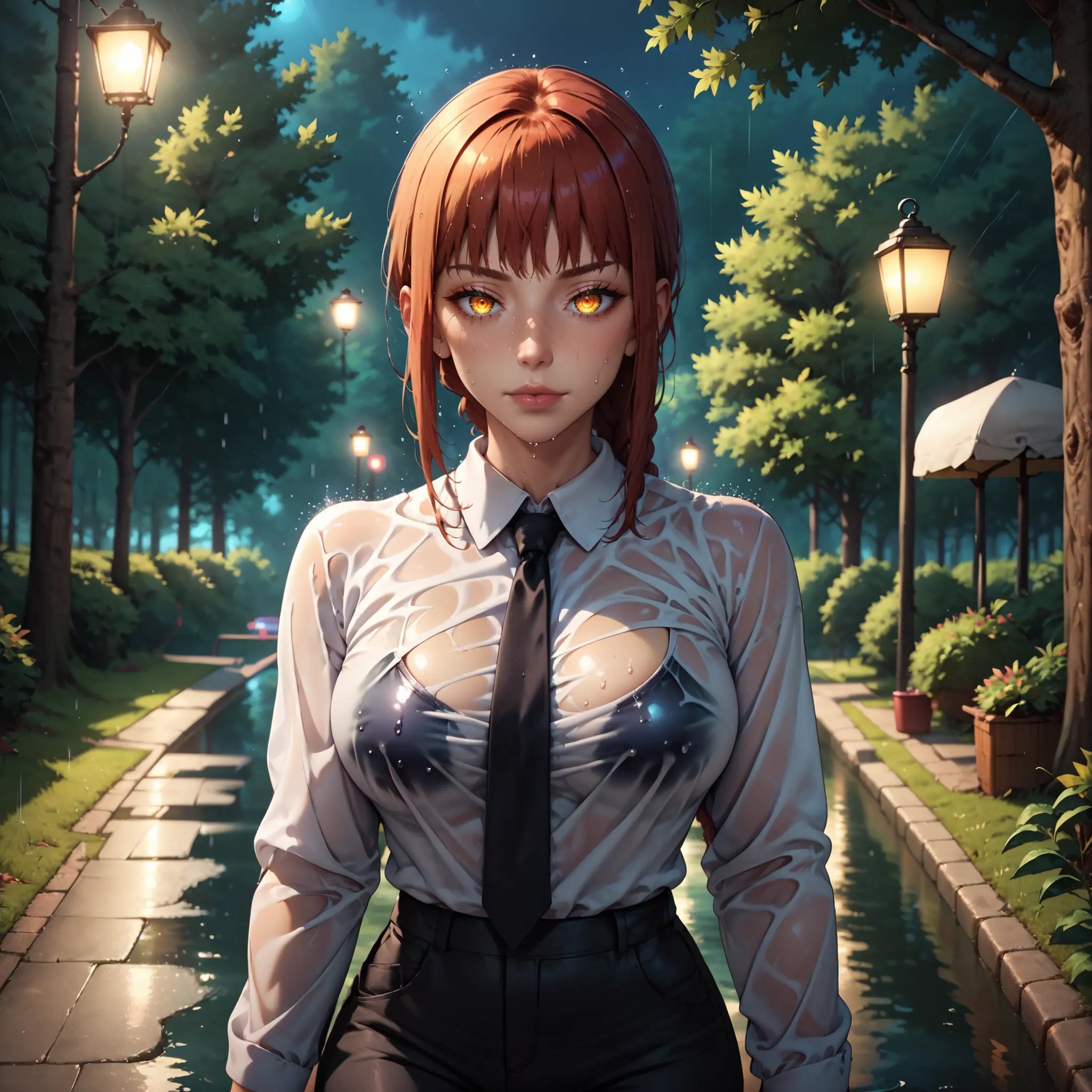 score_9, score_8_up, score_7_up, score_6_up, score_5_up, score_4_up, 1girl, makima \(chainsaw man\), standing, large breasts,  detailed, source_anime,  black tie, white shirt, black pants, sexy, park, wet, wet clothes, rain, dark, night, dim lighting, trees, forest<lora:2.5dcolor-000009:0.6>, volumetric lighting, depth of field, cinematic