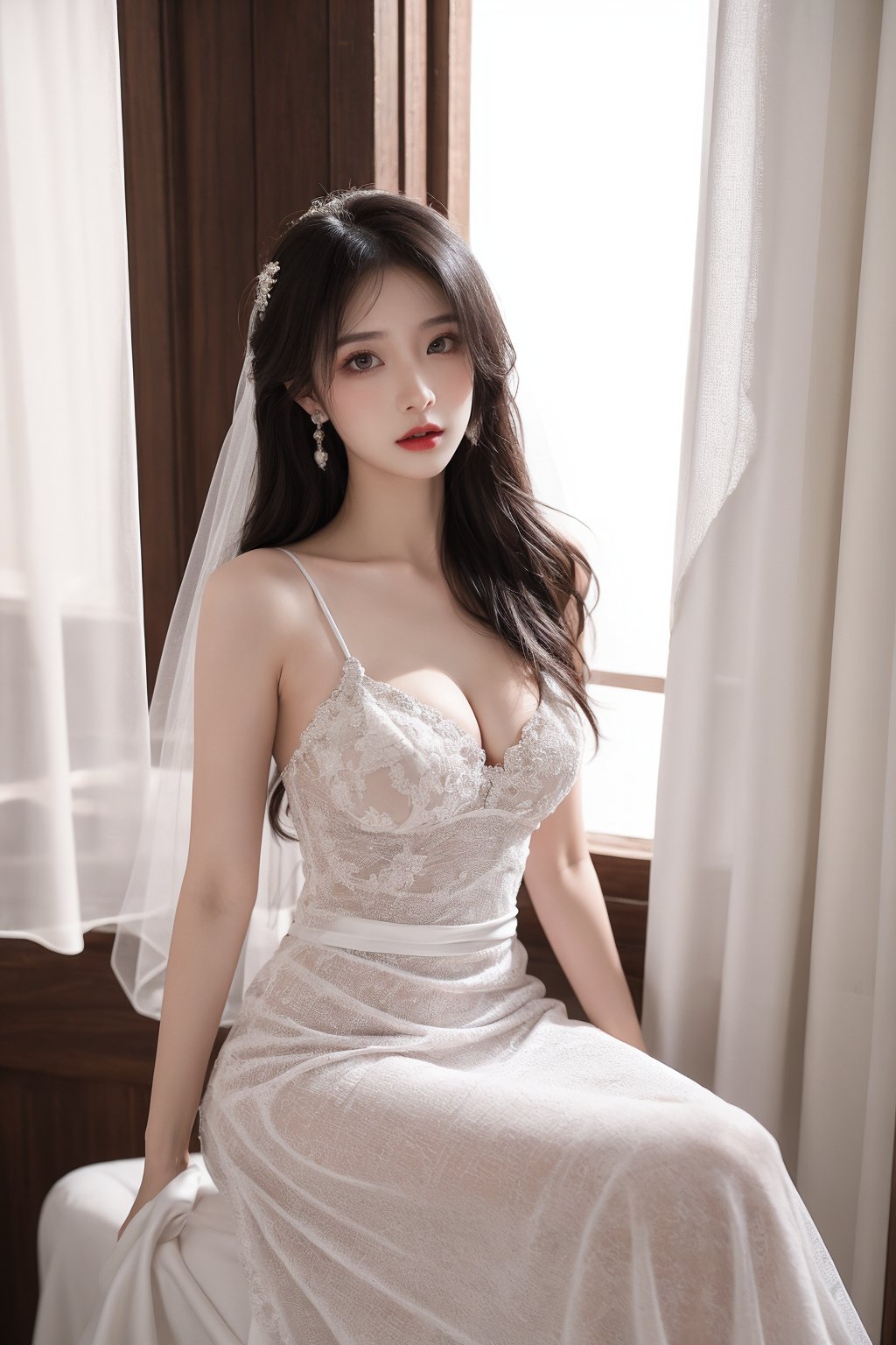 1girl, black hair, breasts, bridal veil, cleavage, curtains, dress, earrings, indoors, jewelry, lips, lipstick, long hair, medium breasts, realistic, sitting, solo, veil, wedding dress, white dress, window  <lora:婚纱:0.8>