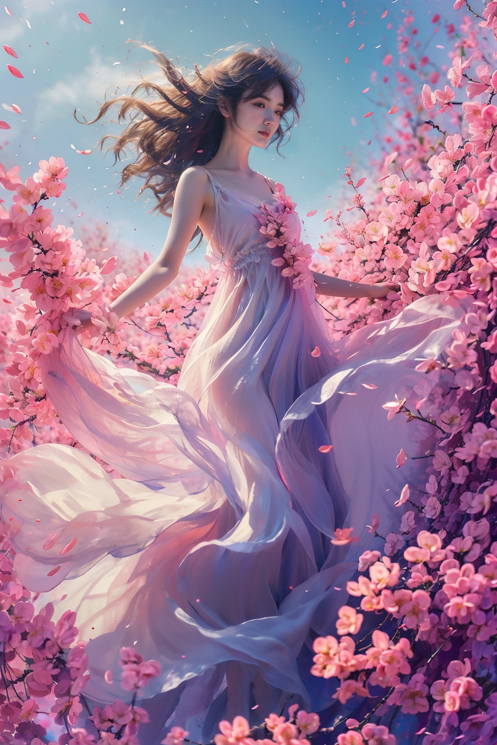 sdmai, fengwu, 1girl, solo, dress, flower, long hair, brown hair, cherry blossoms, sky, brown eyes, white dress, day, petals, wind