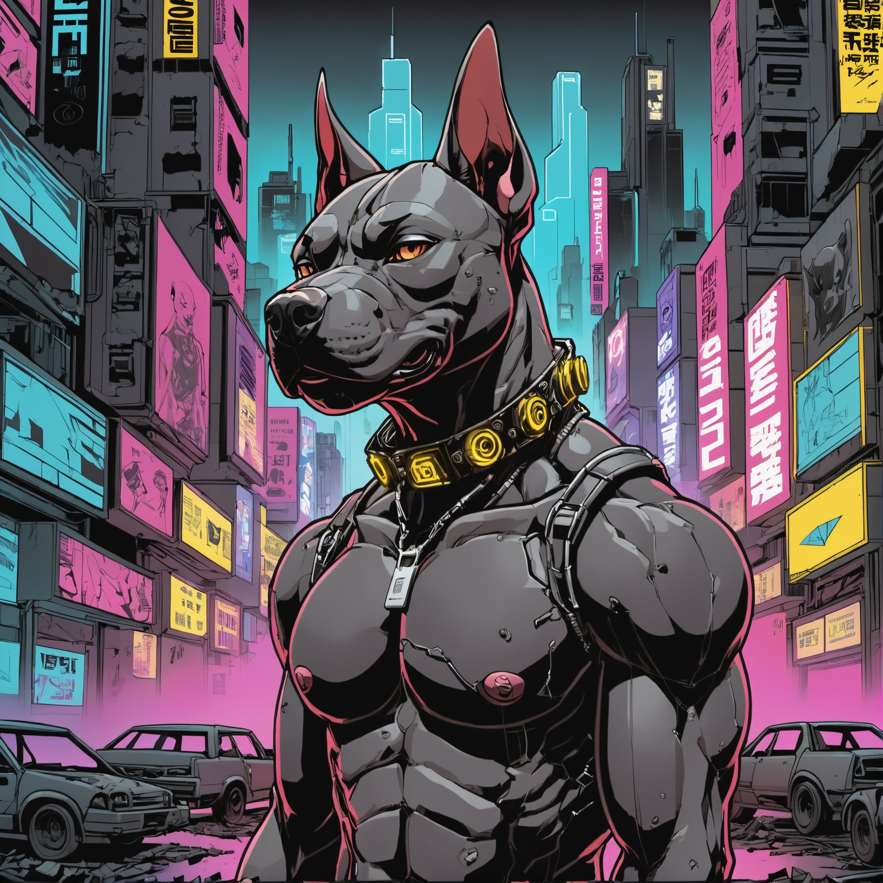 anime artwork, cyberpunk pit bull, detailed black fur, a destroyed city, line art, comic, Retro style artwork, comic book art, high details, comic book cover, symmetrical, vibrant colors