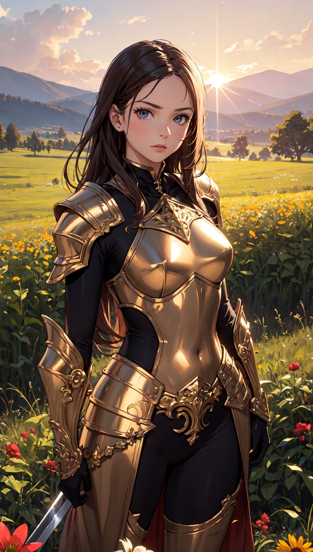 (masterpiece),(best quality),(extremely intricate),(sharp focus),(cinematic lighting),(extremely detailed),A young girl in armor,standing in a meadow of wildflowers. She is holding a sword. She has long brown hair adorned with wildflowers. Her expression is determined,and her eyes are shining with courage. The sun is shining brightly behind her,casting a golden glow over the scene.,flower4rmor,flower bodysuit,Flower,