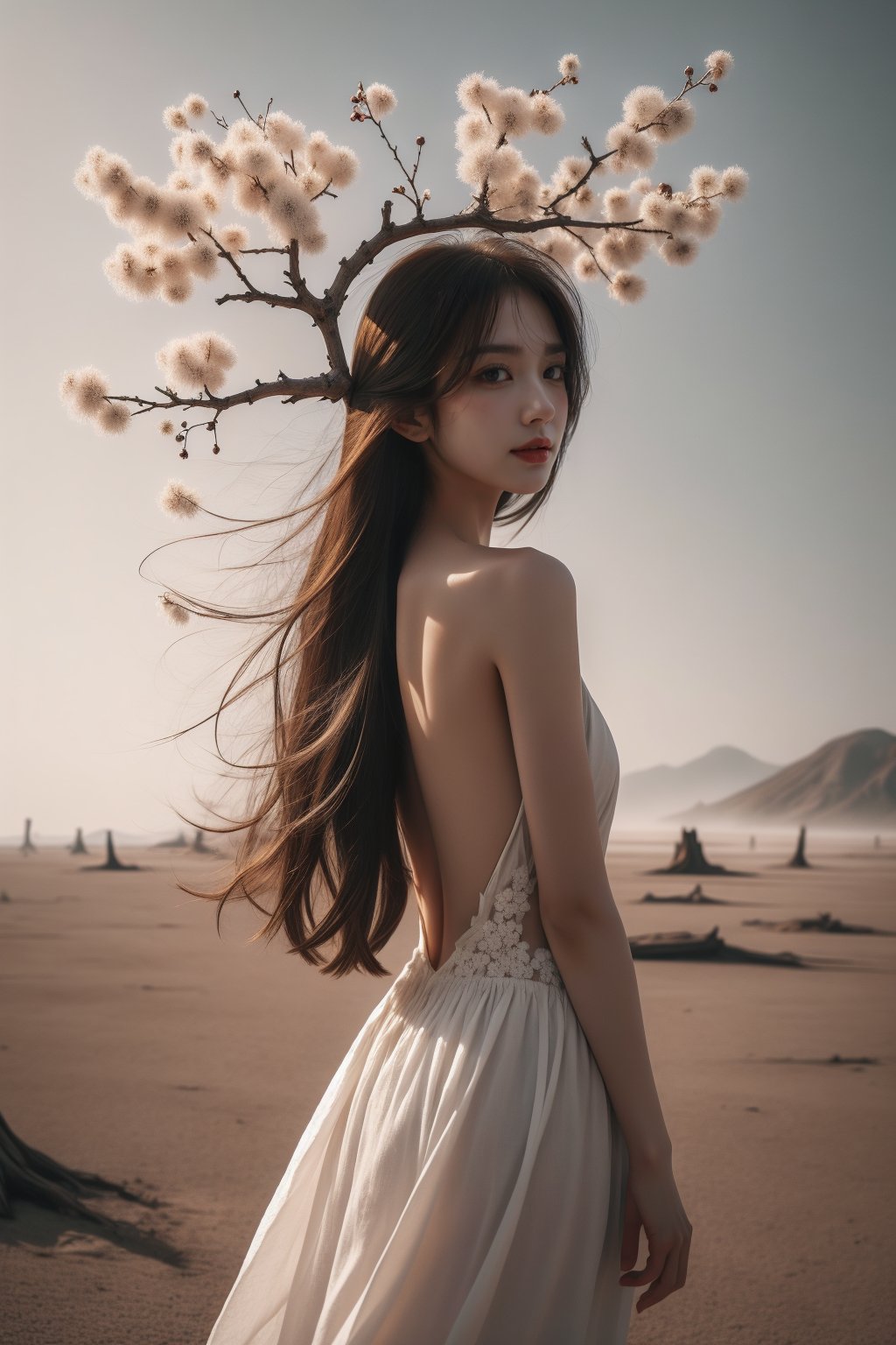 1girl,<lora:枯枝1:1>,This picture depicts a surrealistic image of a woman blending with natural elements. A woman stands in a desolate scene,her back and hair gradually turning into branches and twigs of a tree. A few flowers bloomed on the branch,as if she were a tree growing flowers. She was wearing a flowing white long skirt,with the hem spread out on the ground,interweaving with the lines of the tree roots. This woman's posture is sideways facing backwards,facing the mist in the distance,as if she is gazing or contemplating. The color contrast,light and shadow processing,and theme conception in this picture are all very captivating,creating a feeling of combining fantasy and reality. Overall,images convey an artistic concept that combines natural and human forms,full of symbolic meaning and inner emotional expression.,smile,