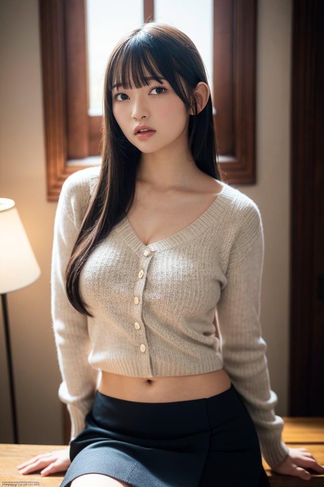 1girl,solo,long hair,sitting,skirt,sweater,bangs,looking at viewer,lips,window,black skirt,long sleeves,closed mouth,grey sweater,brown hair,blunt bangs,indoors,black hair,best quality,masterpiece,illustration,an extremely delicate and beautiful,CG,unity,8k wallpaper,Amazing,finely detail,masterpiece,official art,extremely detailed CG unity 8k wallpaper,incredibly absurdres,huge filesize,ultra-detailed,highres,extremely detailed,beautiful detailed girl,realistic,light contrast,,<lora:Suzuka Sayama_20240501225241:0.8>