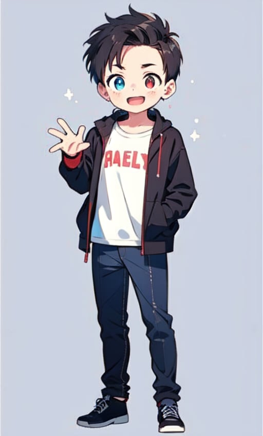 (((1boy))),elegant,as-youngest,((((full body)))),standing,a pure white background,(((solo))),CENTER VIEW,childish,complete shoes,(((simple background))),black hair,heterochromatic pupil,(((left red eye and right blue eye))),open mouth,extremely pleasant,(((happy))),lively,casual daily clothing,<lora:2023-05-13_224157:1>,, fcportrait