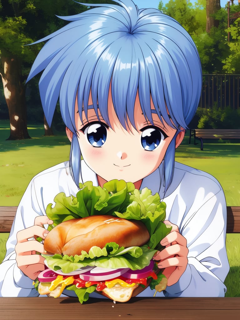 <lora:Nijino_Saki:0.8>NijinoSaki, 1girl, solo, food, smile, holding, looking at viewer, lettuce, outdoors, bangs, shirt, long sleeves, table, bench, upper body, day, white shirt, closed mouth, sidelocks, sandwich, grass,masterpiece, high quality, very_high_resolution, large_filesize, full color,