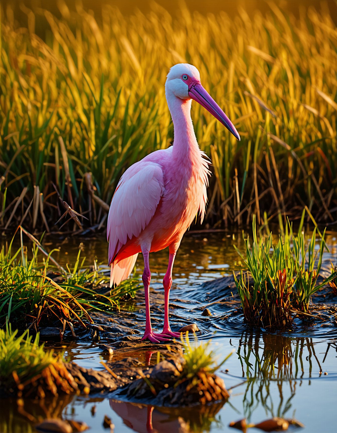 (best quality, 4K, 8K, high-resolution, masterpiece), ultra-detailed, photorealistic, pink spoonbill bird, standing in marshland, dramatic lighting, realistic textures, vivid colors, serene atmosphere, golden hour, concept art., Ultimate Realism - High Detail Enhancement.safetensors