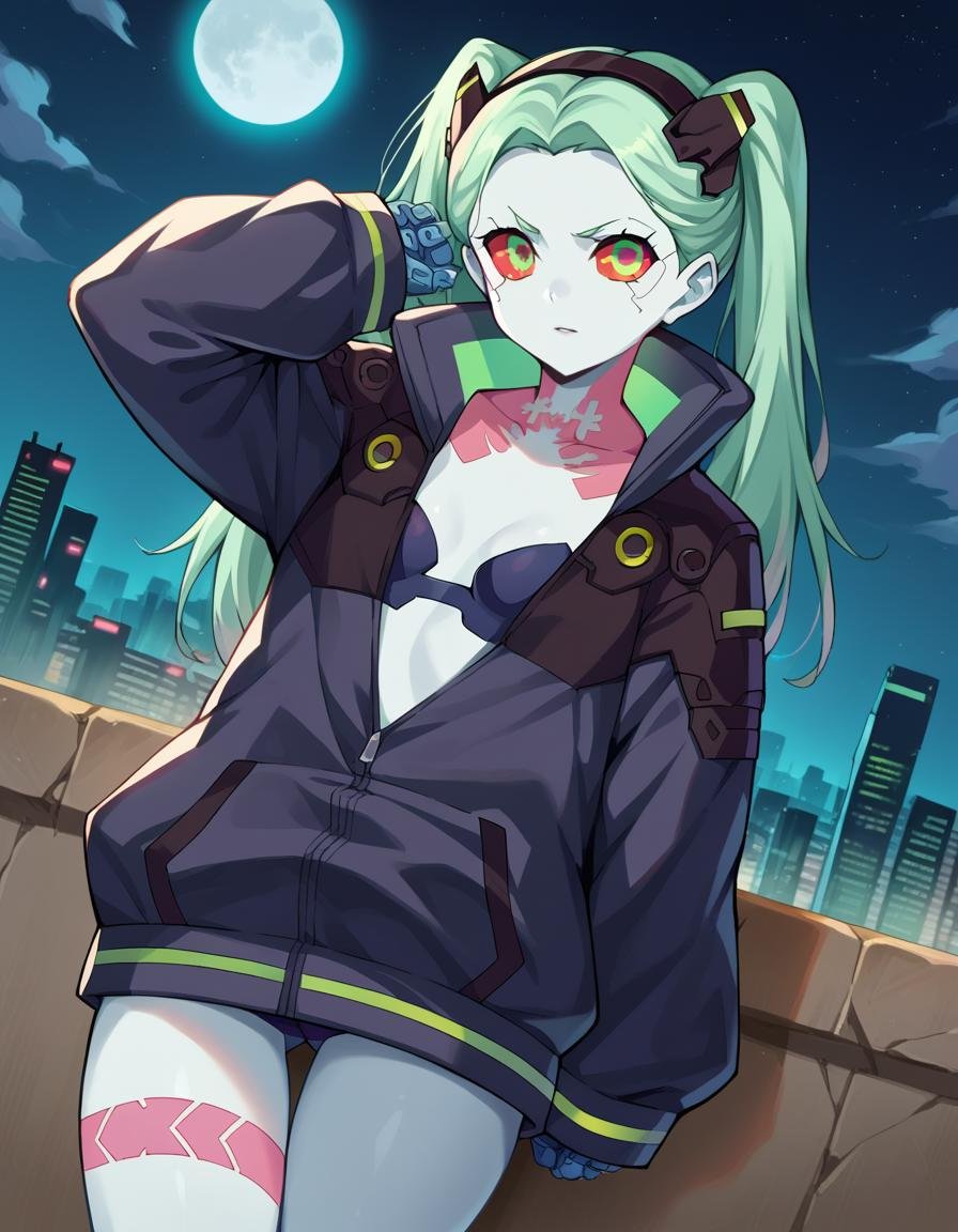 score_9, score_8_up, score_7_up, source_anime,cyberpunkrebecca, <lora:cyberpunk-rebecca-ponyxl-lora-nochekaiser:1>,rebecca, long hair, green eyes, green hair, colored skin, colored sclera, white skin, red sclera, artificial eye, mechanical eye, cyborg, red pupils, small breasts,twintails, underwear, jacket, hairband, bra, black jacket, tattoo, black hairband, black bra, leg tattoo, partially unzipped, neck tattoo,outdoors, cityscape, night, moon,looking at viewer, dutch angle, cowboy shot,