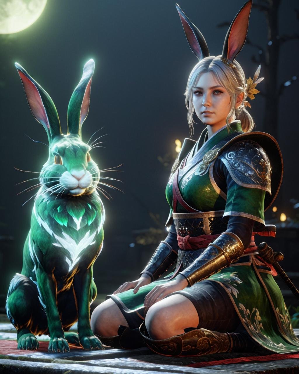 1girl,sitting next to a dark green rabbit,niohxlguardiansprt,WILD,epic,cinematic,128k uhd, <lora:niohxlguardiansprt:1>,raw photo,masterpiece,awardwinning,trending on artstation,intricate details,official art,wallpaper art