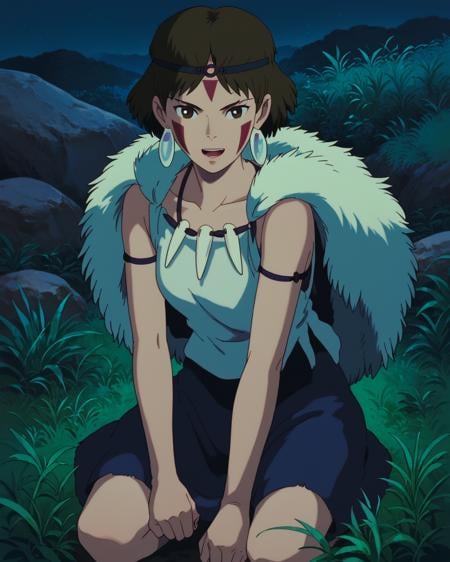 score_9, score_8_up, score_7_up, zPDXL, Ghiblistyle, 1girl, solo, looking at viewer, short hair, open mouth, brown hair, brown eyes, jewelry, earrings, necklace, bare arms, night, headband, facial mark, grass, facepaint<lora:Ghibli_style_PDXL:1>