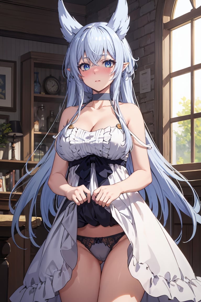 masterpiece, best quality, ultra-detailed, glistening shiny, glowing light, ray tracing, HDR, deph of field, (perfect face, detailed face),  <lora:Fenrys:0.7>, fenrys, long hair, blue eyes, hair flaps, pointy ears, large breasts,nose blush, white dress, black bow, gray choker, strap slip, cleavage, skirt lift, lace panties