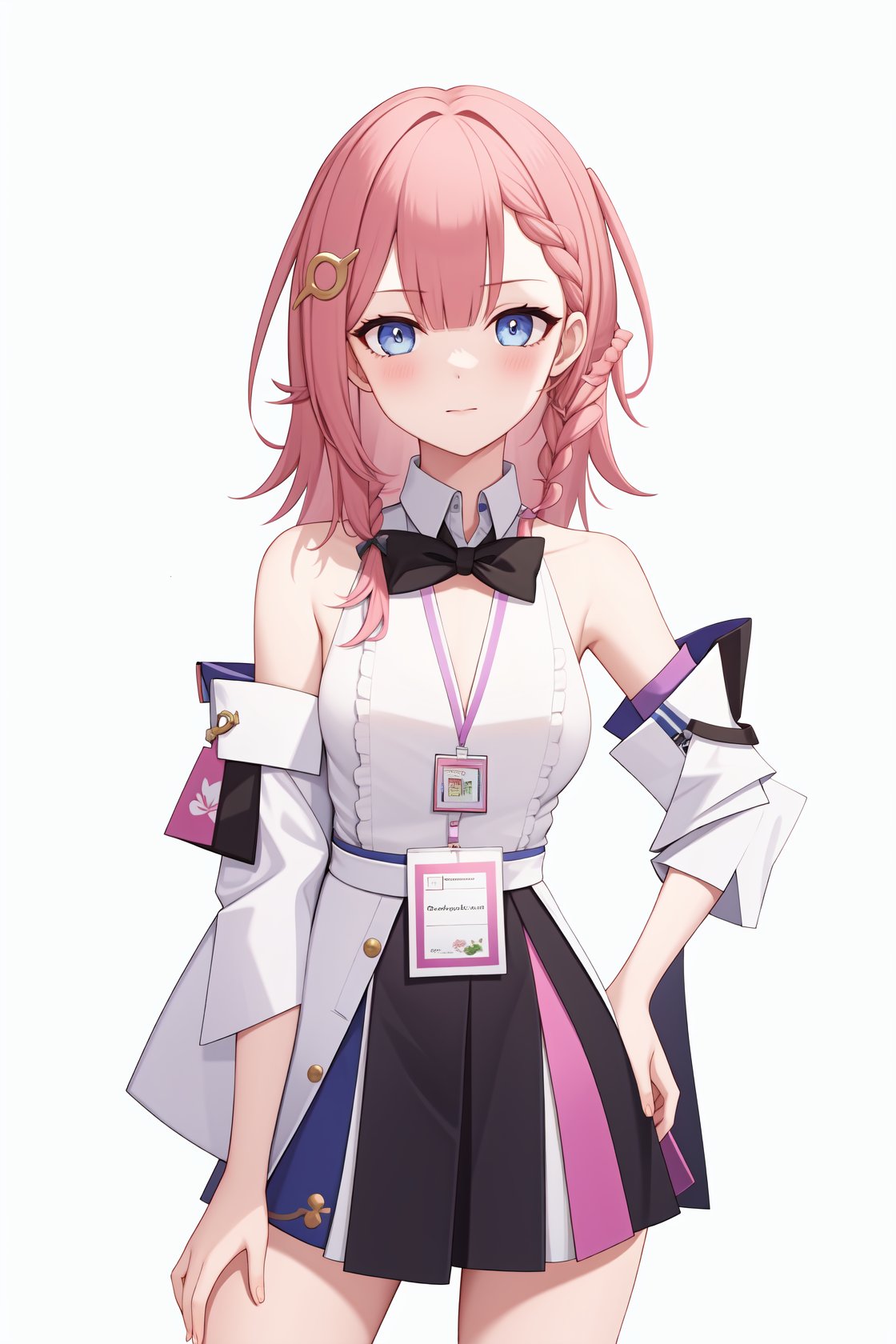 <lora:艾丝妲v2:1:lbw=char>,asta,1girl,pink hair,braid,hair ornament,white shirt,bare shoulders,long hair,detached sleeves,sleeveless shirt,black skirt,id card,bowtie,, (masterpiece,best quality:1.2),absurdres, high quality,