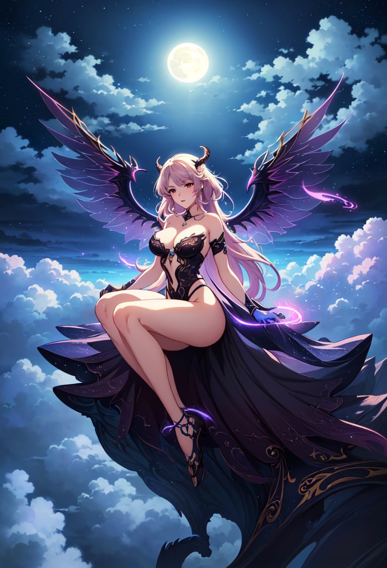 ((best quality)), ((masterpiece)), (detailed), alluring succubus, ethereal beauty, perched on a cloud, (fantasy illustration:1.3), enchanting gaze, captivating pose, delicate wings, otherworldly charm, mystical sky, (Luis Royo:1.2), (Yoshitaka Amano:1.1), moonlit night, soft colors, (detailed cloudscape:1.3), (high-resolution:1.2)