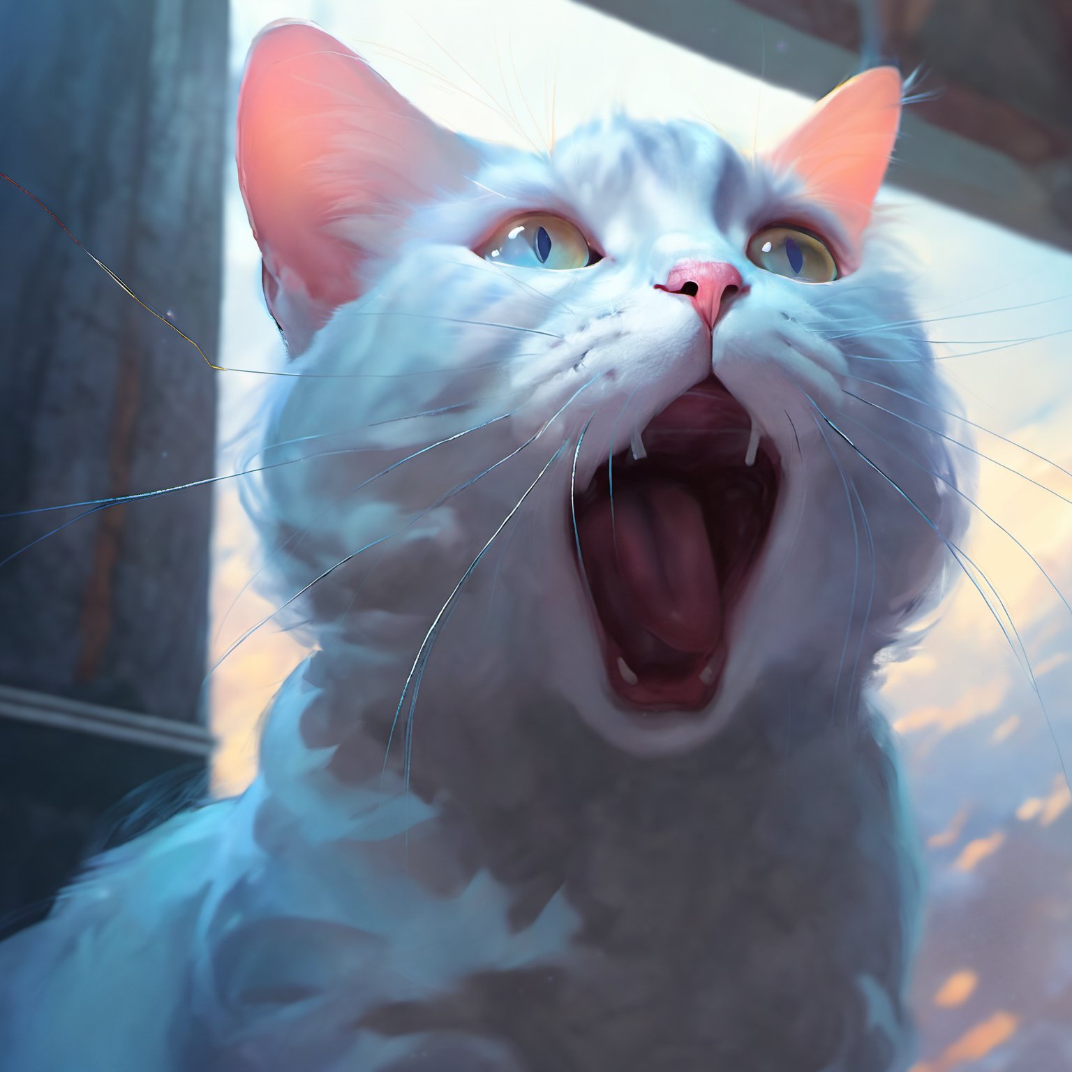 (digital art by Yanjun Cheng:1.1) , portrait art, hyper detailed, Heavenly cat, inside a Monolith, shallow depth of field, Flustered