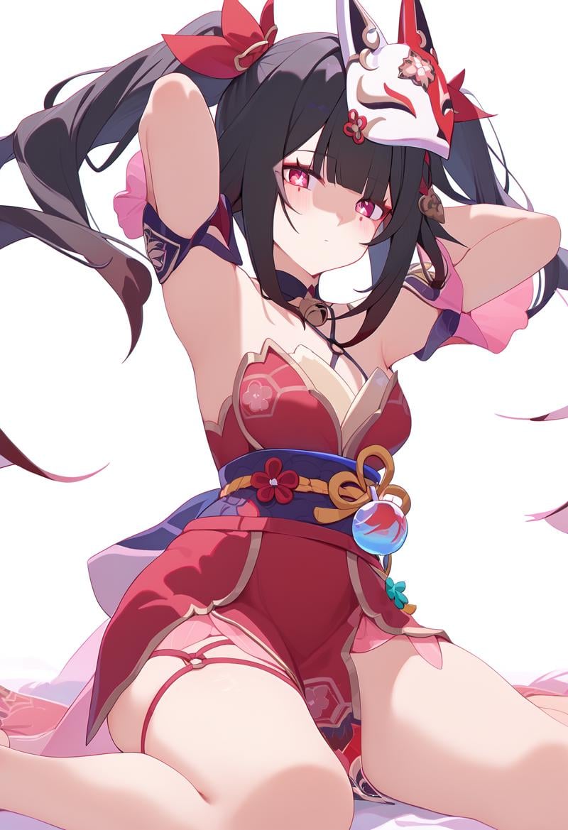 score_9,sparkle \(honkai star rail\),1girl,fox mask,solo,twintails,looking at viewer,bare shoulders,mask on head,red dress,black chokerkneeling, arms behind head, seiza,solo,looking at viewer,flower,full body,simple background,white background,score_9,<lora:pony_char_sparkle_(honkai_star_rail)-000013:1>