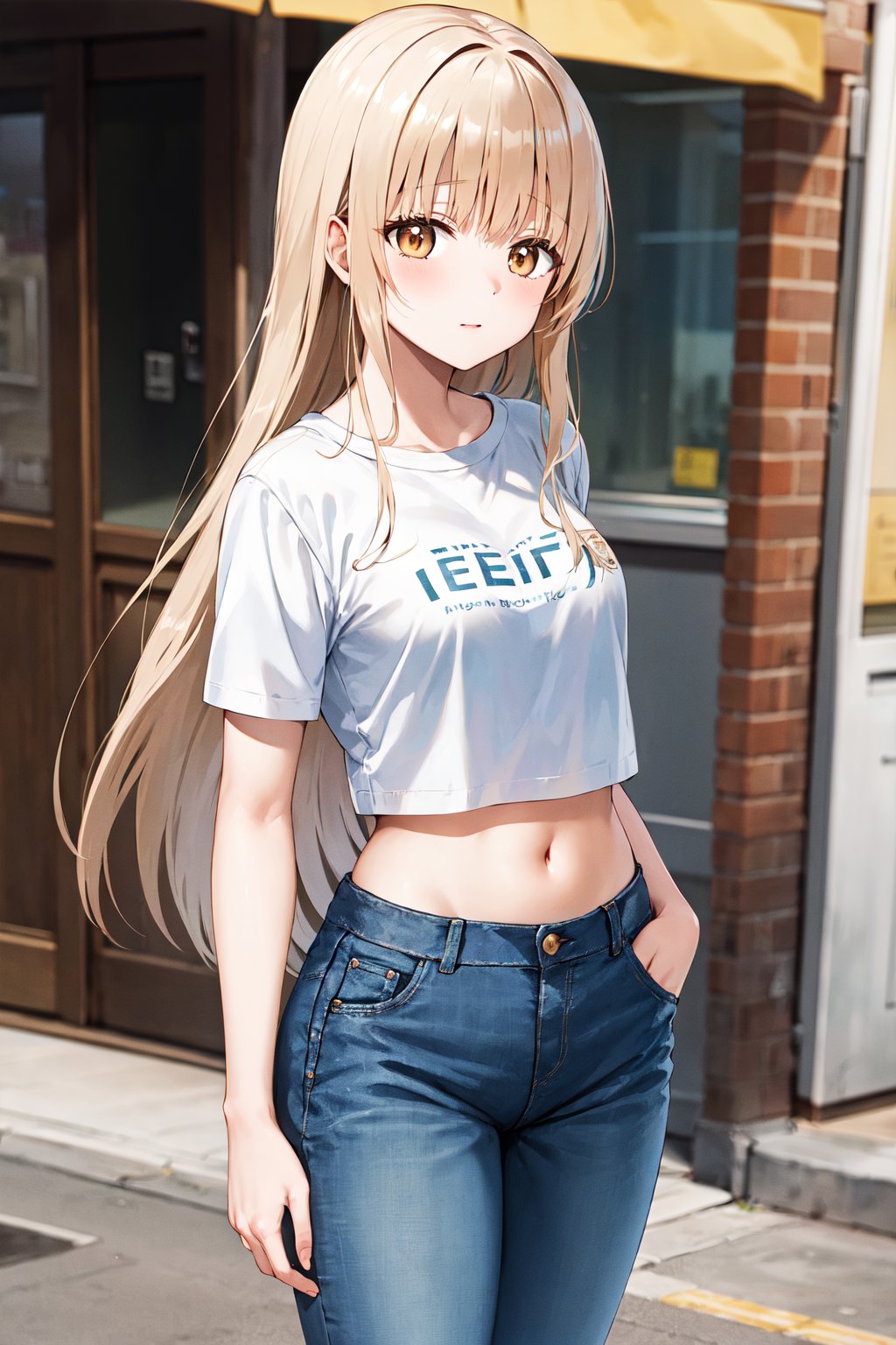 masterpiece, best quality, highres, aamahiru, long hair, <lora:shiina_mahiru_v1:0.7>, small breasts, t-shirt, midriff, jeans, hand in pocket, standing, street