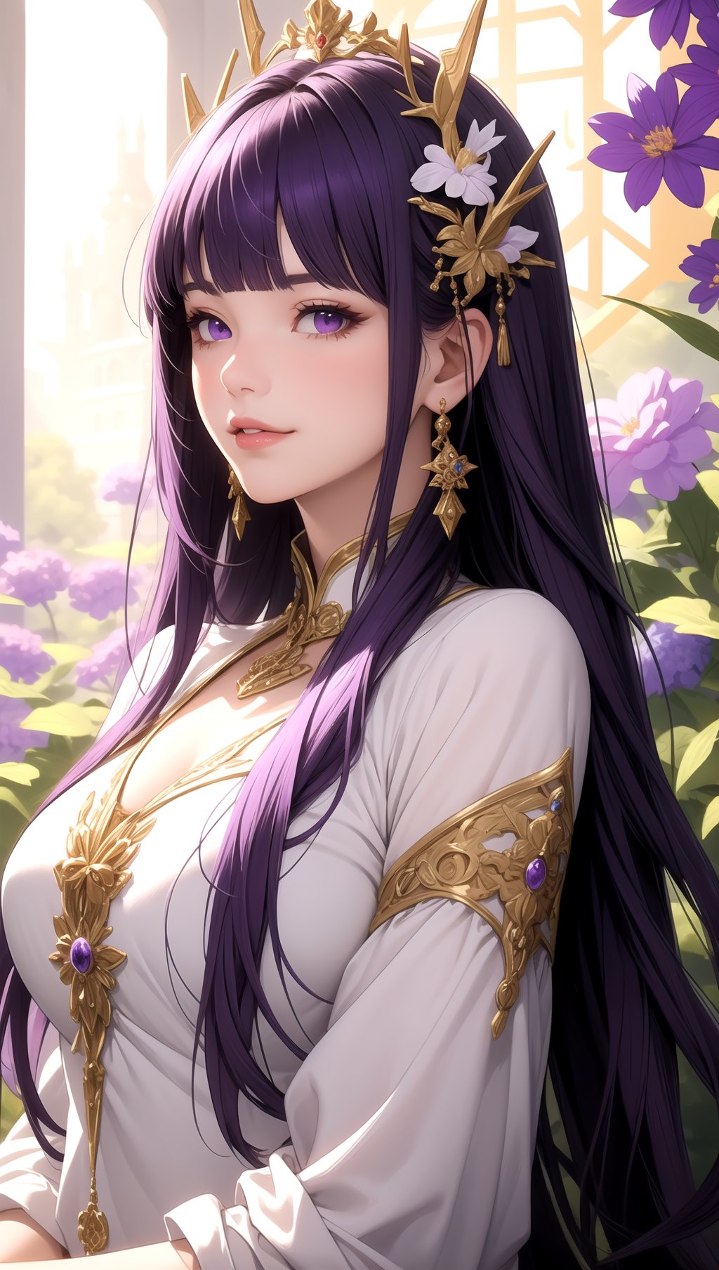 (masterpiece, best quality), intricate details, beautiful girl, purple hair, blunt bangs, light purple eyes, sharp jawline, Fairy queen crowns with cascading flowers, long hair, lips, upper body, smirk